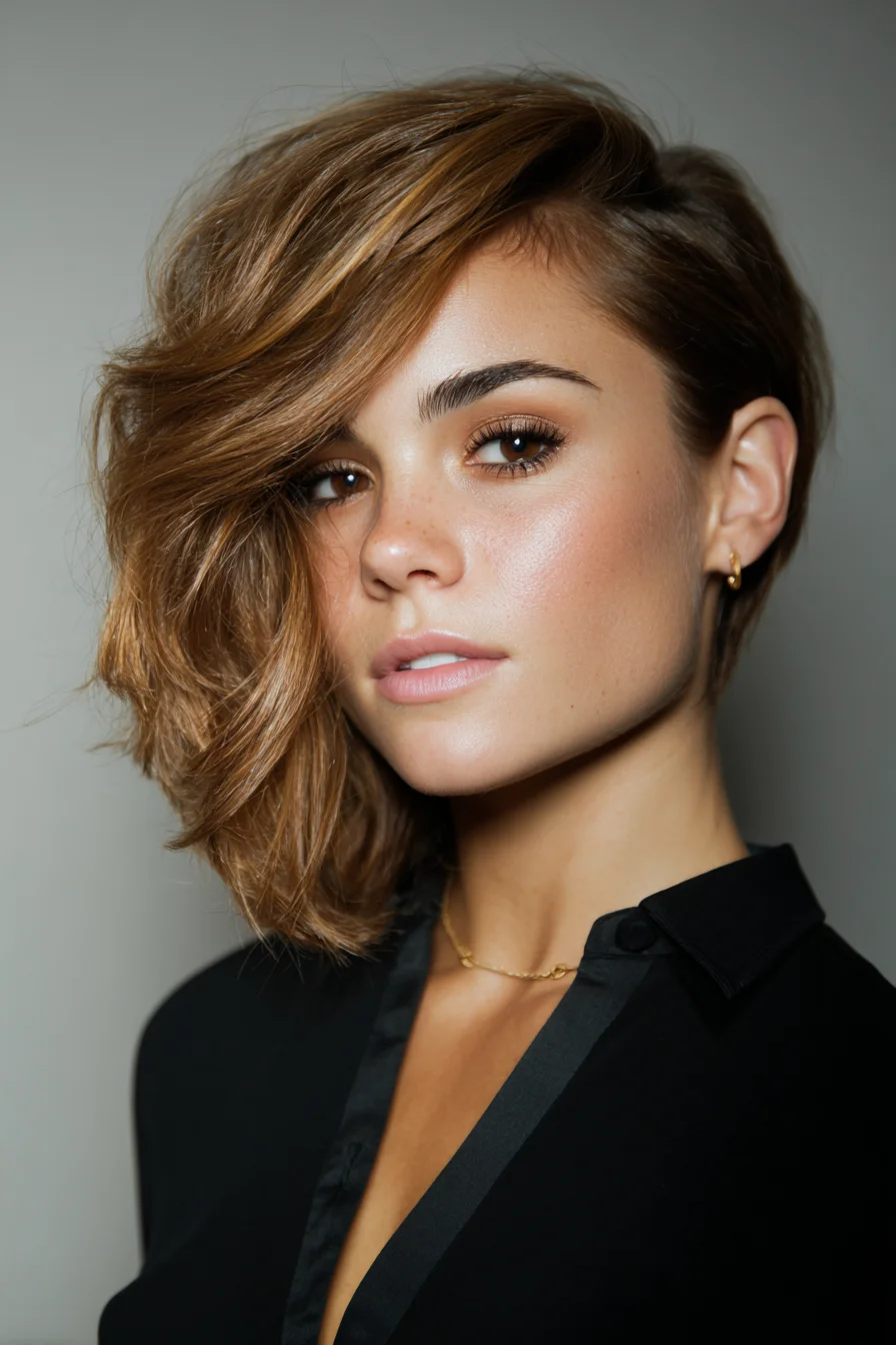 Asymmetrical Textured Chin-Length Bob with Deep Side Sweep