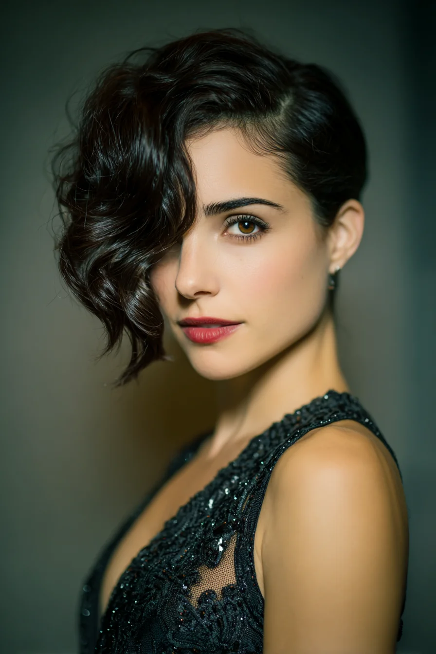 Asymmetrical Wavy Short Bob with Deep Side Part and Glossy Finish
