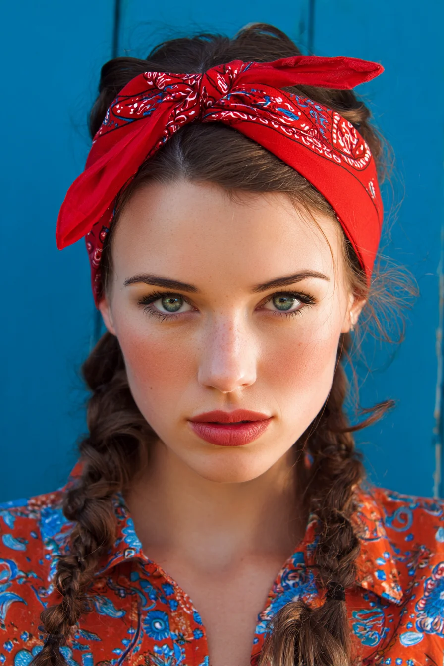 Bandana Headband with Loose Double Braids — Boho Pigtail Style