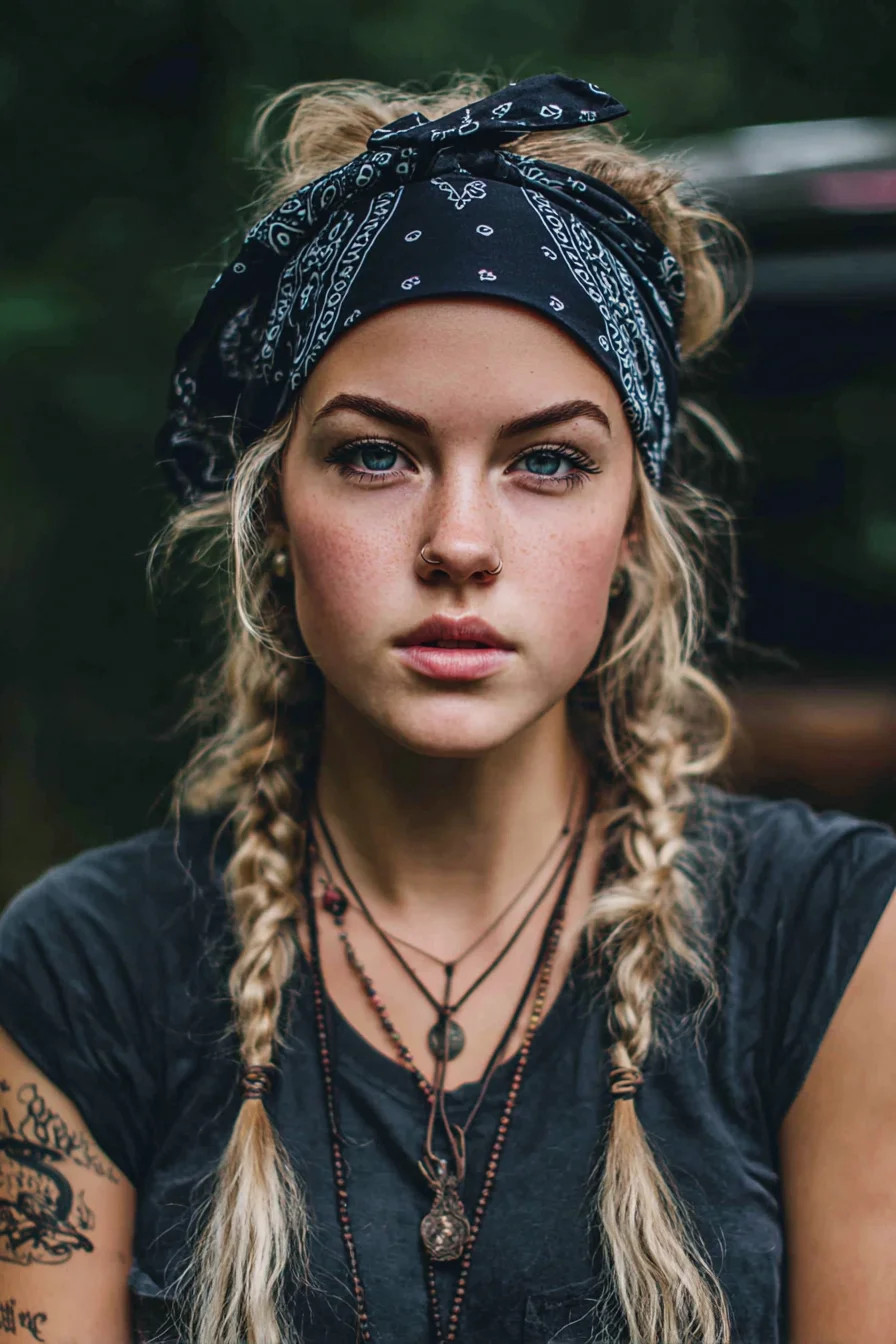 Bandana Headband with Tousled Double Braids — Boho Braided Hairstyle