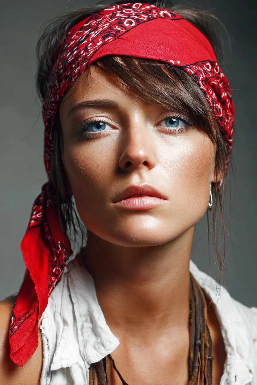 Bandana Headband with Tousled Side‑Swept Fringe — Textured Medium/Long Hair