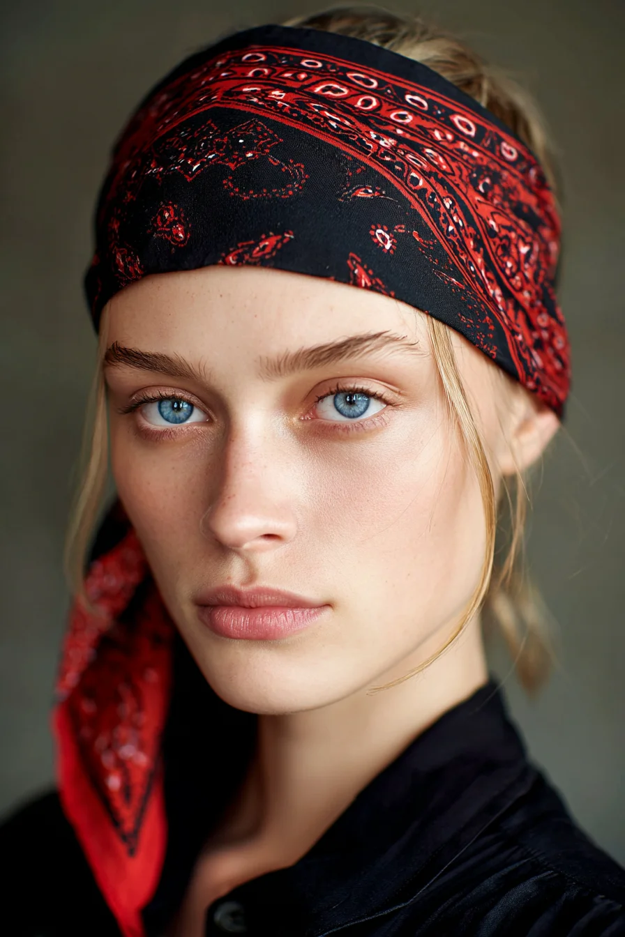 Bandana Headscarf with Low Messy Bun and Face‑Framing Tendrils