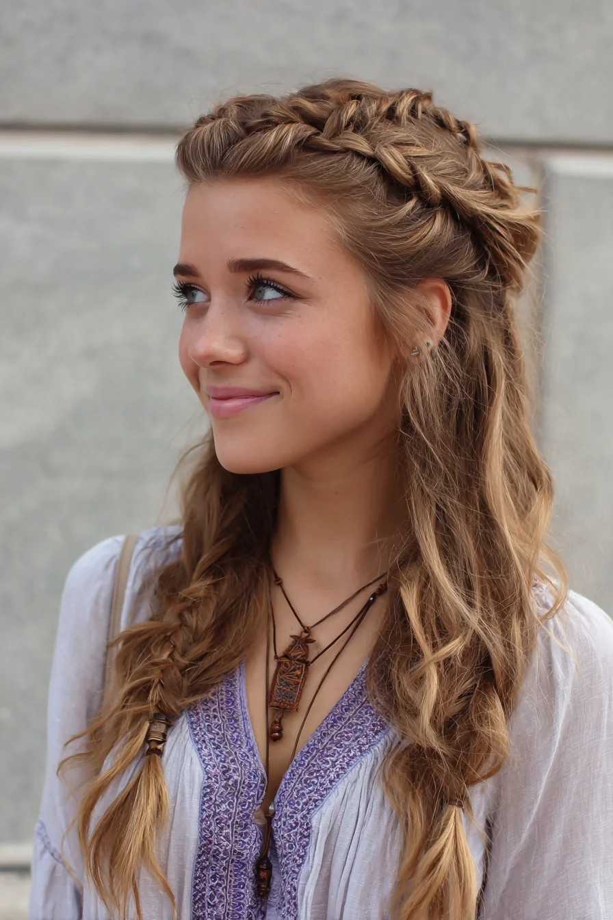 Boho Braided Crown with Loose Waves and Side Braids