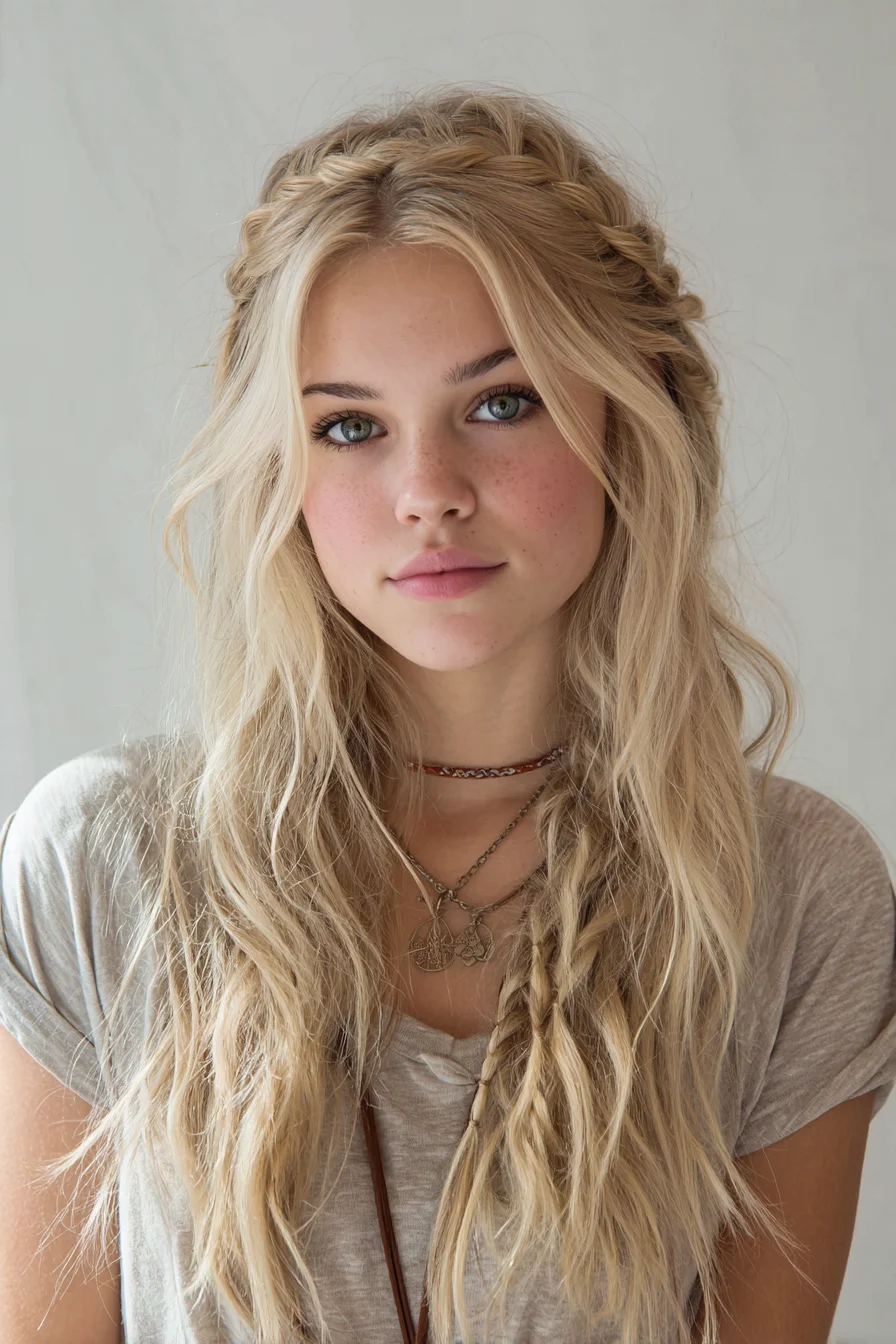 Boho Halo Crown Braid with Loose Beachy Waves