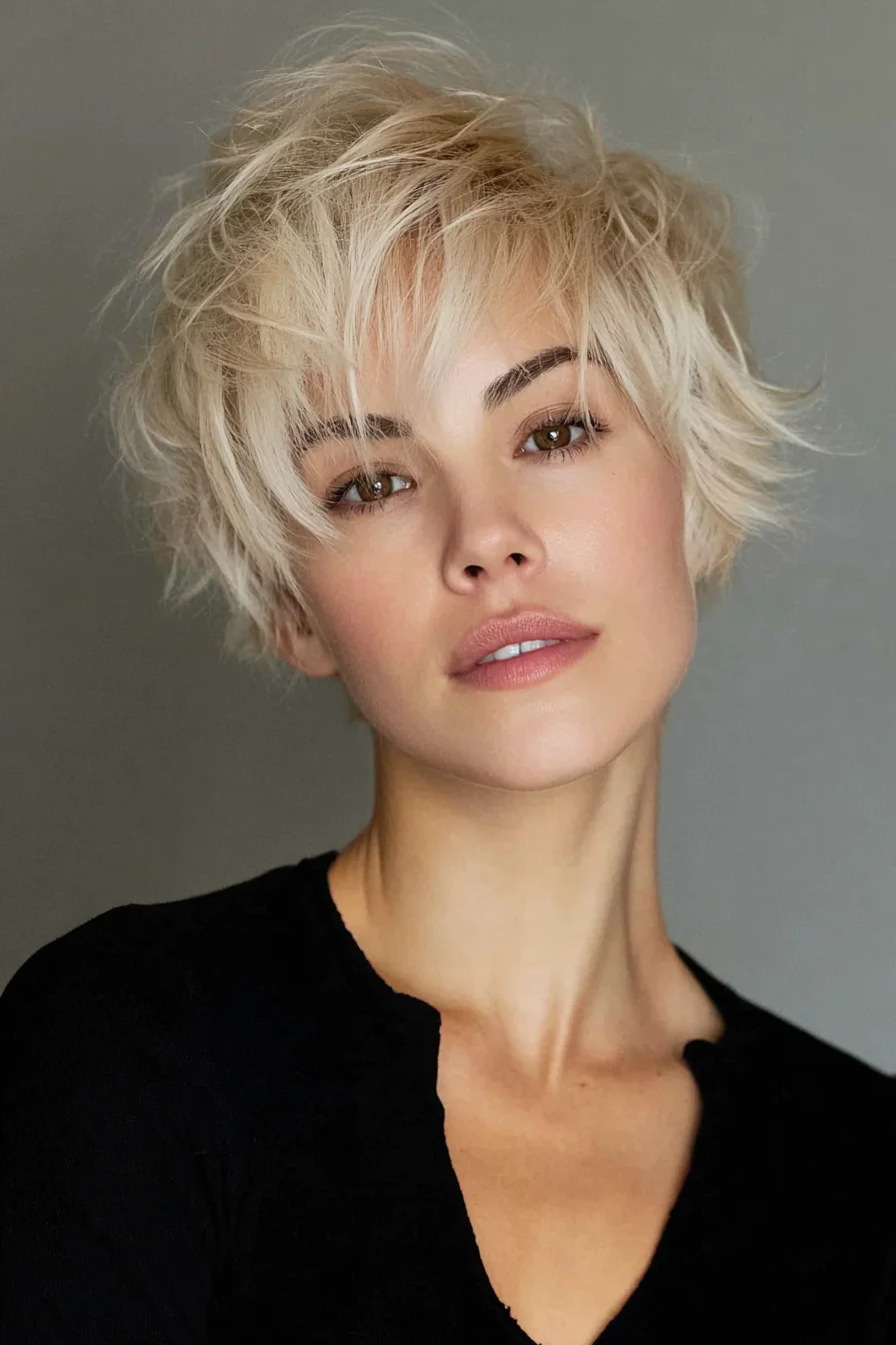 Choppy Textured Blonde Pixie with Piecey Fringe
