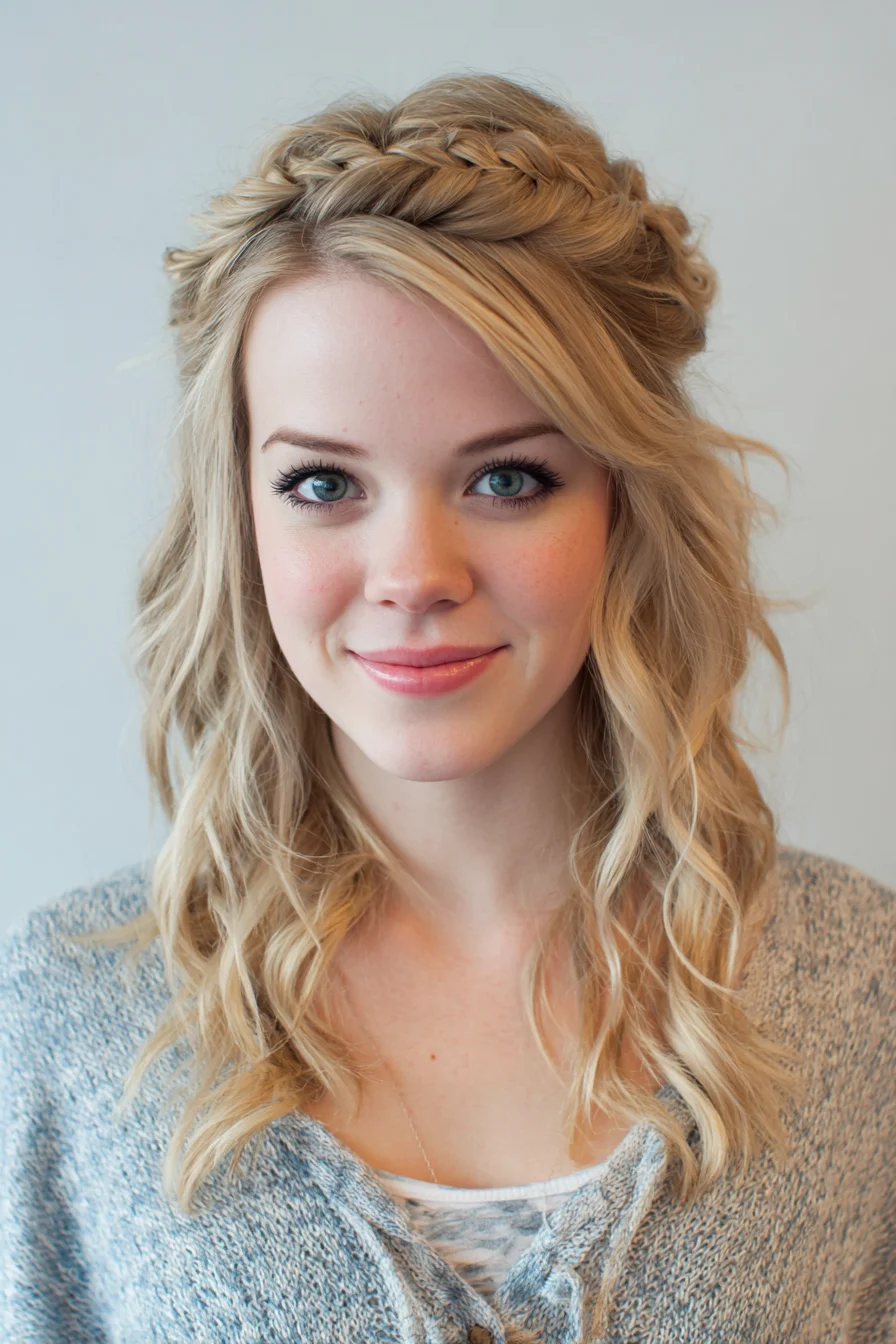 Crown Braid with Beach Waves — Half-Up Boho Hairstyle for Medium-Length Hair