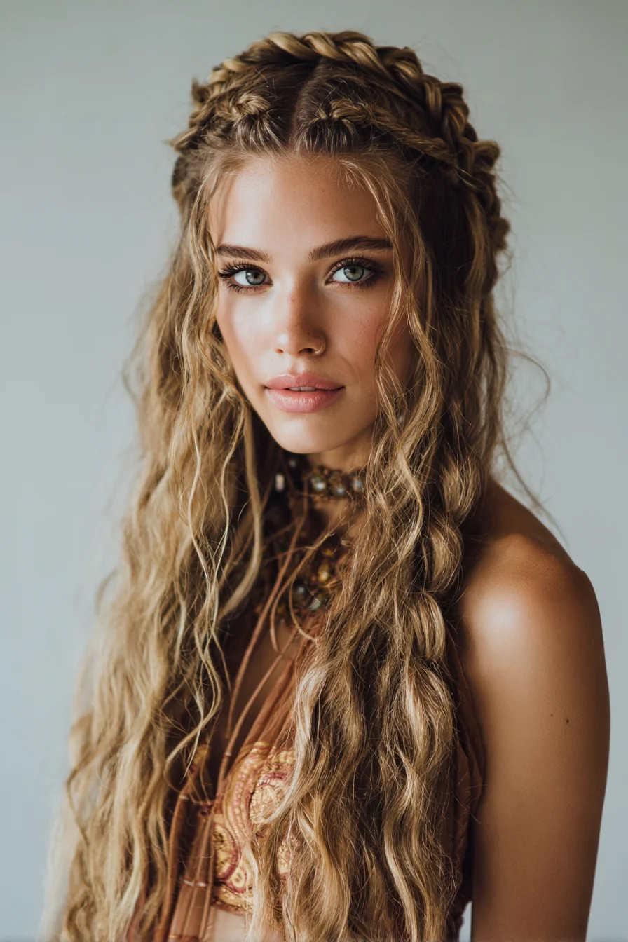 Crown Dutch Braids with Beachy Waves