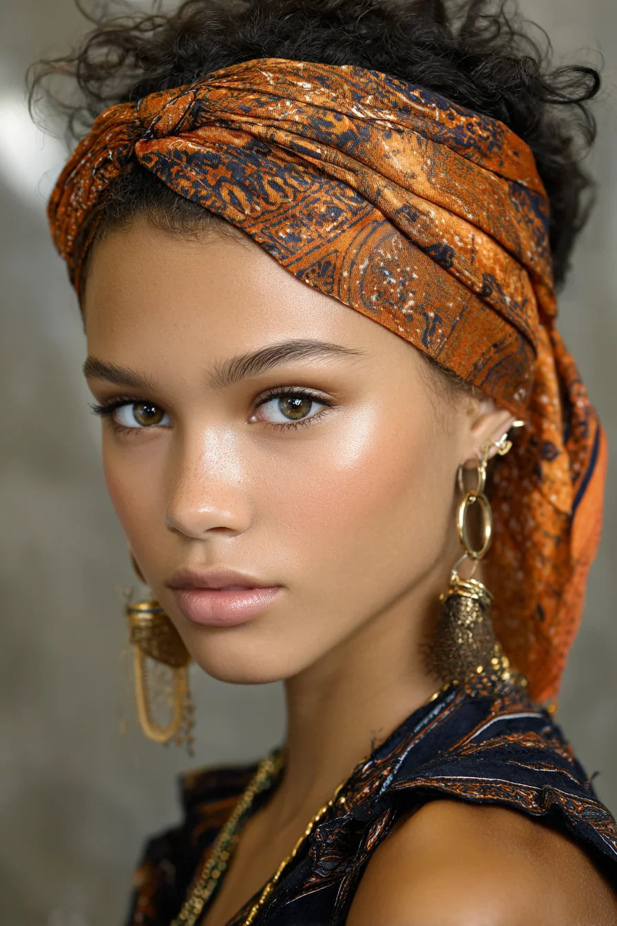Curly High Puff with Boho Turban Headscarf