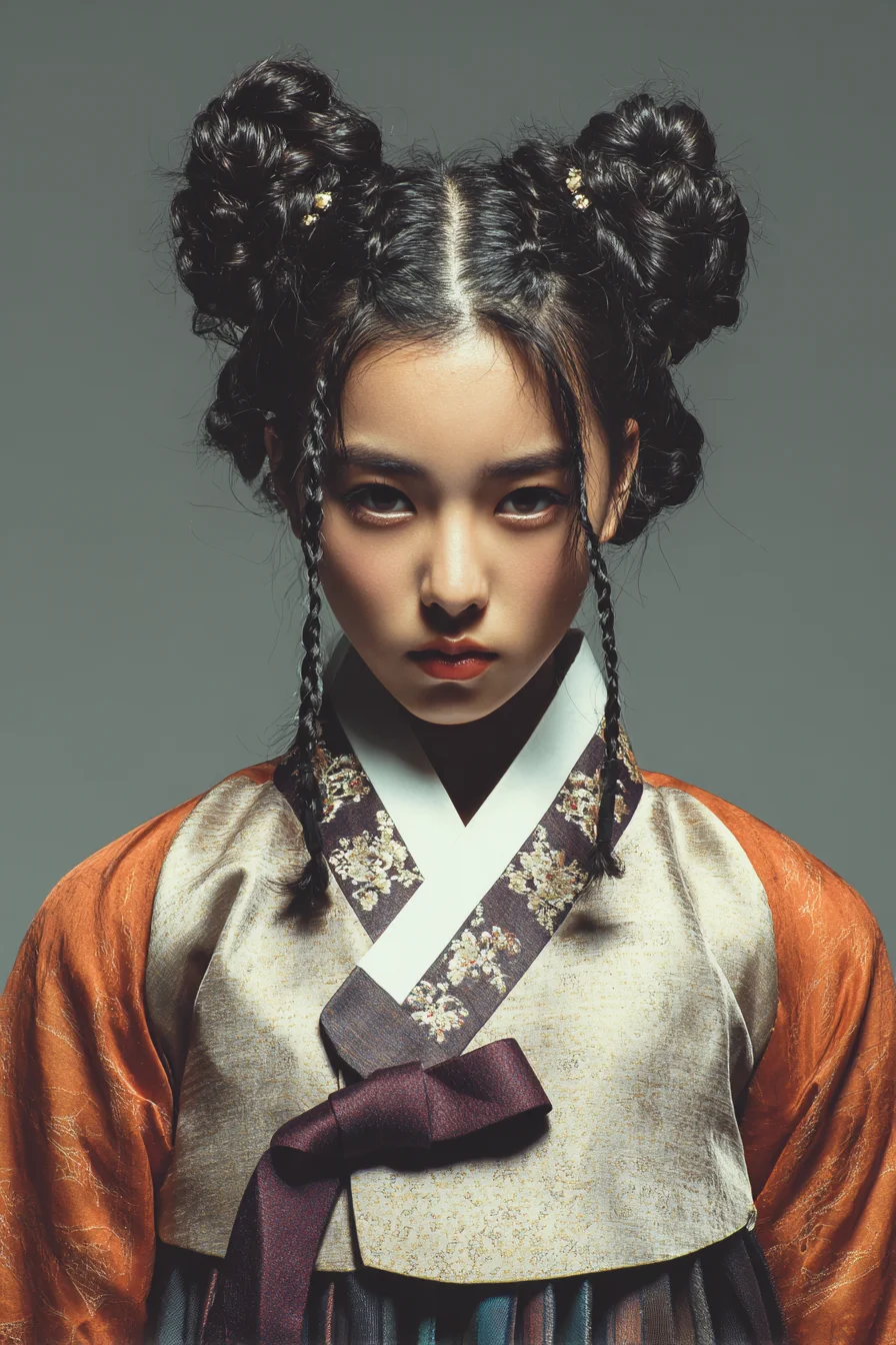 Double Braided Space Buns with Face‑Framing Mini Braids