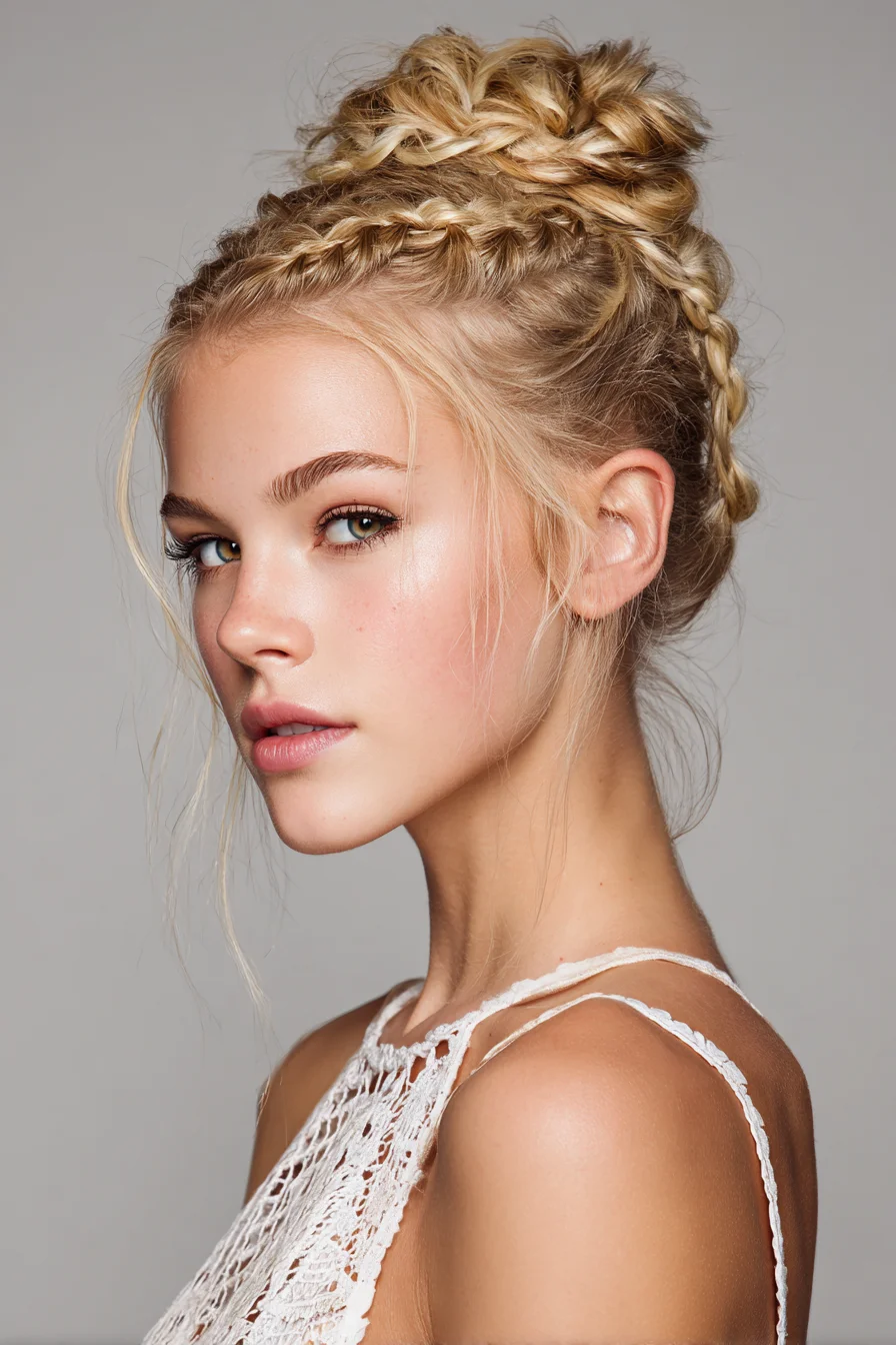 Double Dutch Braided High Bun with Messy Face‑Framing Pieces