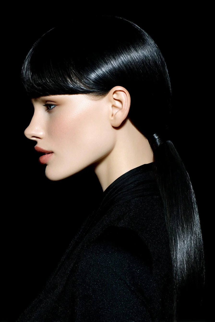 Glossy Sleek Low Ponytail with Blunt Bangs