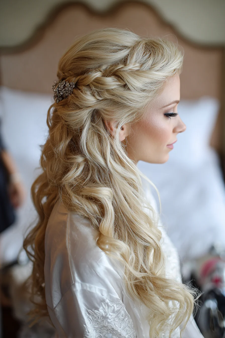 Half-Up Twisted Bridal Hairstyle with Soft Cascade Curls