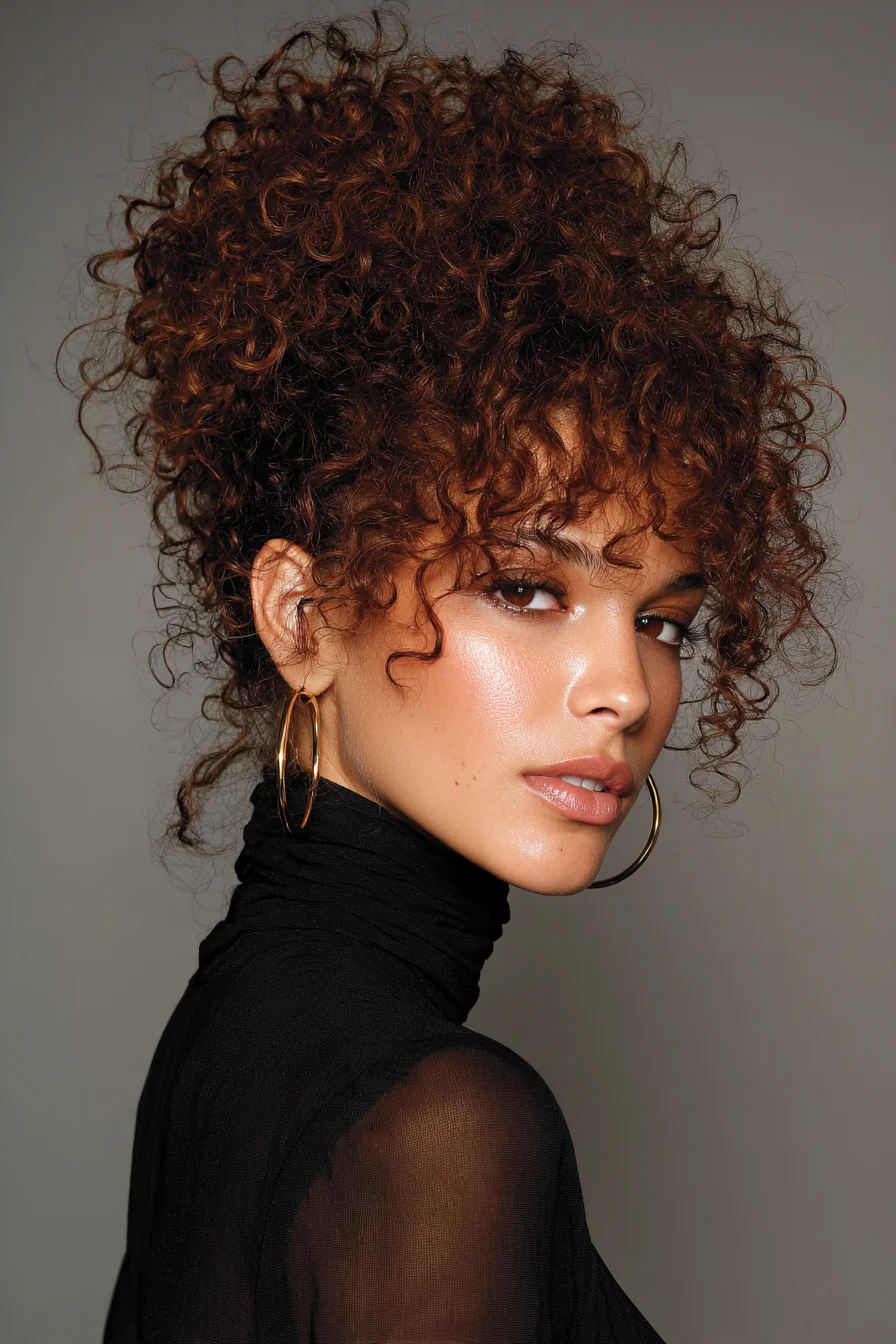 High Curly Pineapple Updo with Fringed Natural Curls
