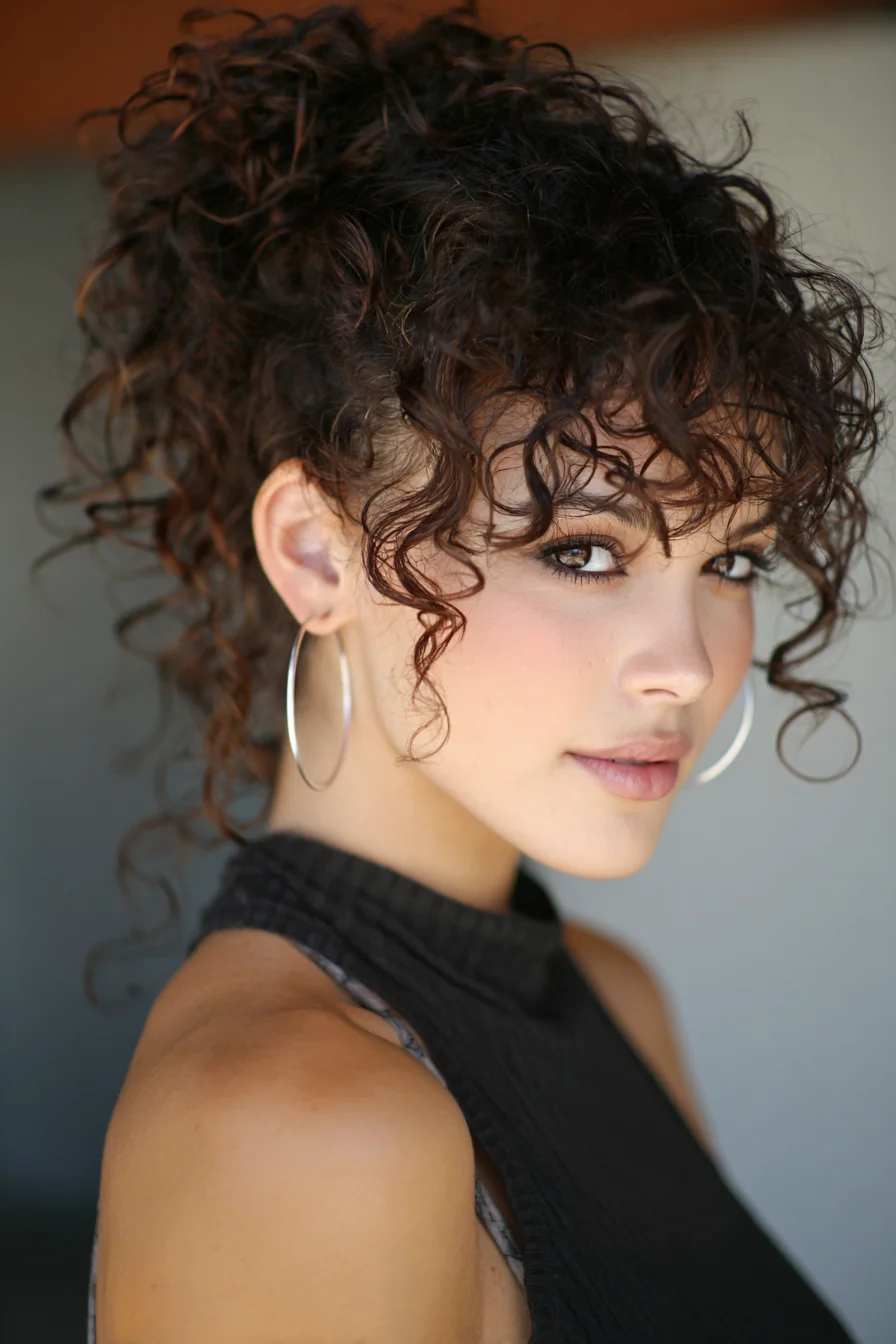 High Curly Updo with Face‑Framing Curls and Curtain Fringe