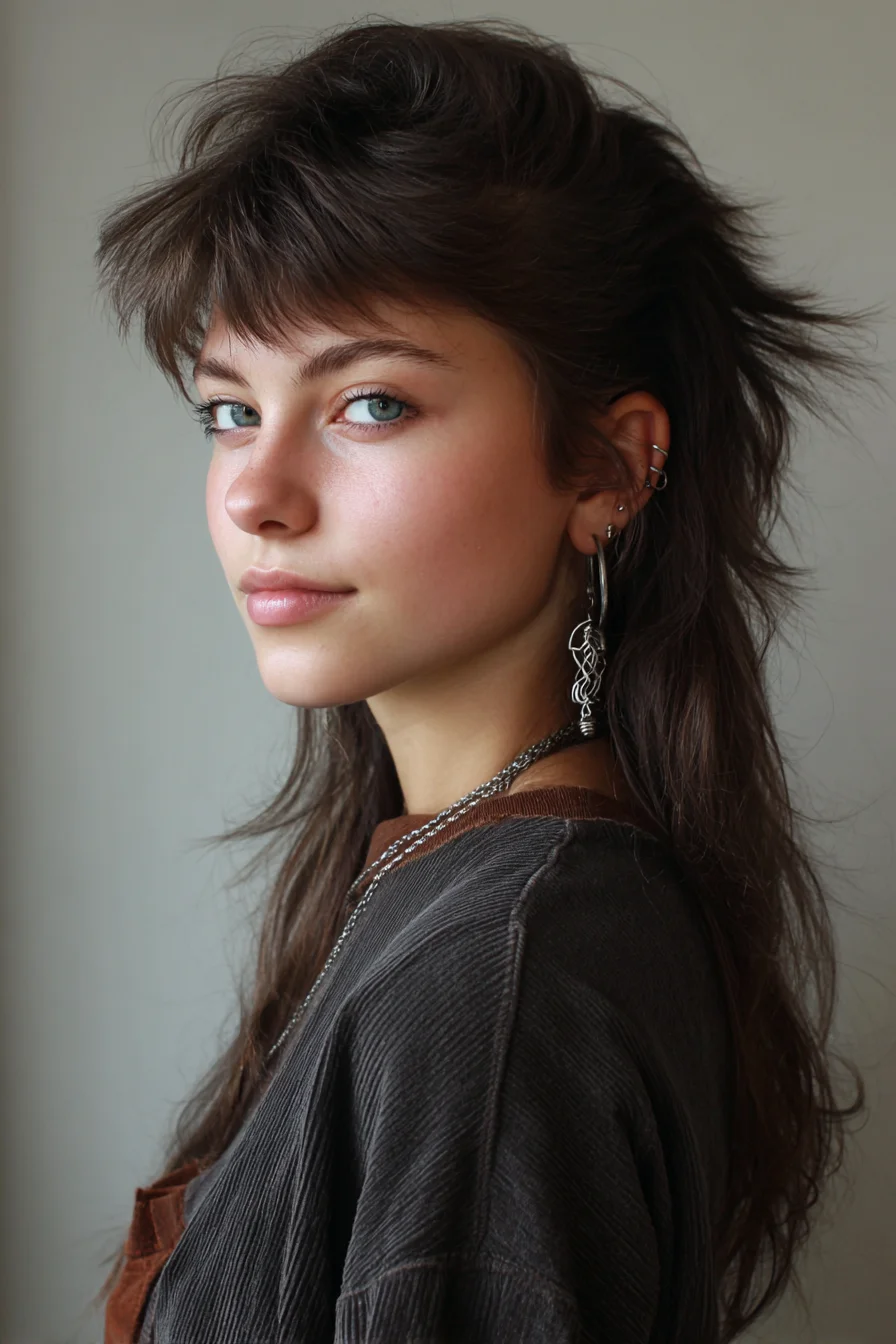 Layered Textured Shag Mullet with Short Fringe