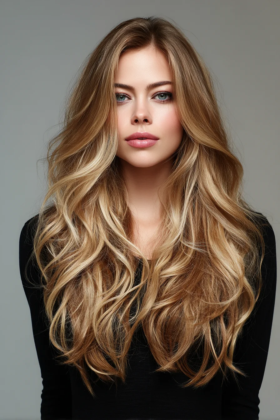 Long Layered Beach Waves with Blonde Balayage and Face‑Framing Layers