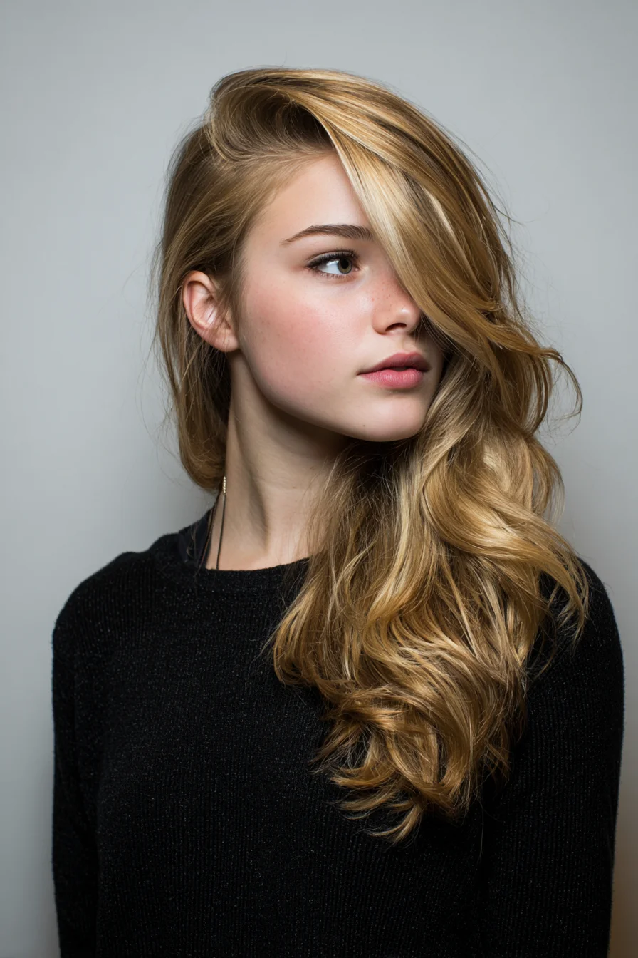 Long Layered Blonde with Deep Side‑Swept Loose Waves