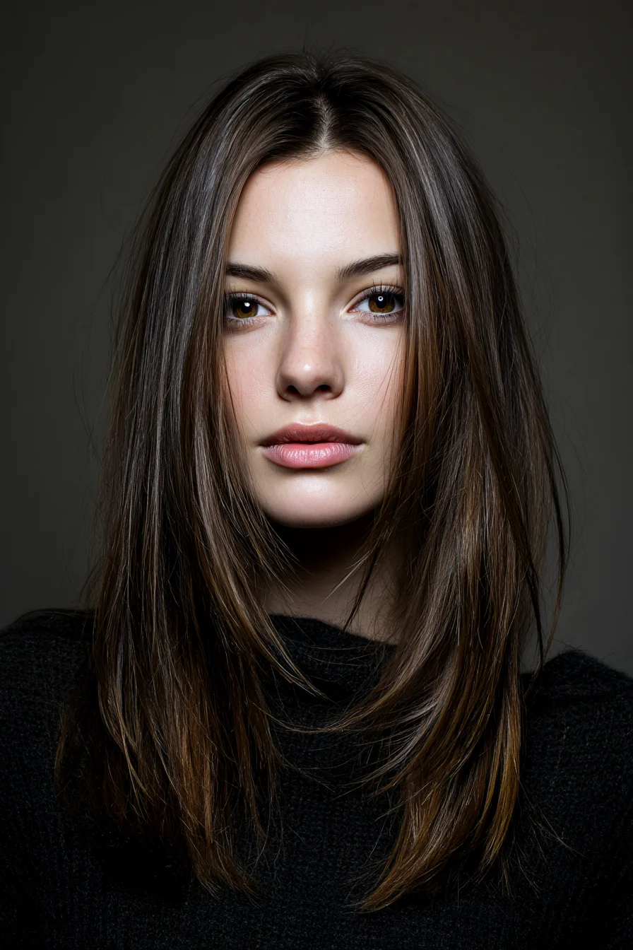 Long Layered Cut with Face‑Framing Layers and Center Part