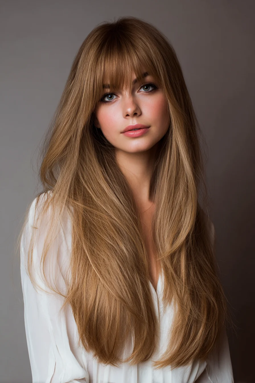 Long Layered Cut with Soft Face‑Framing Layers and Blunt Fringe