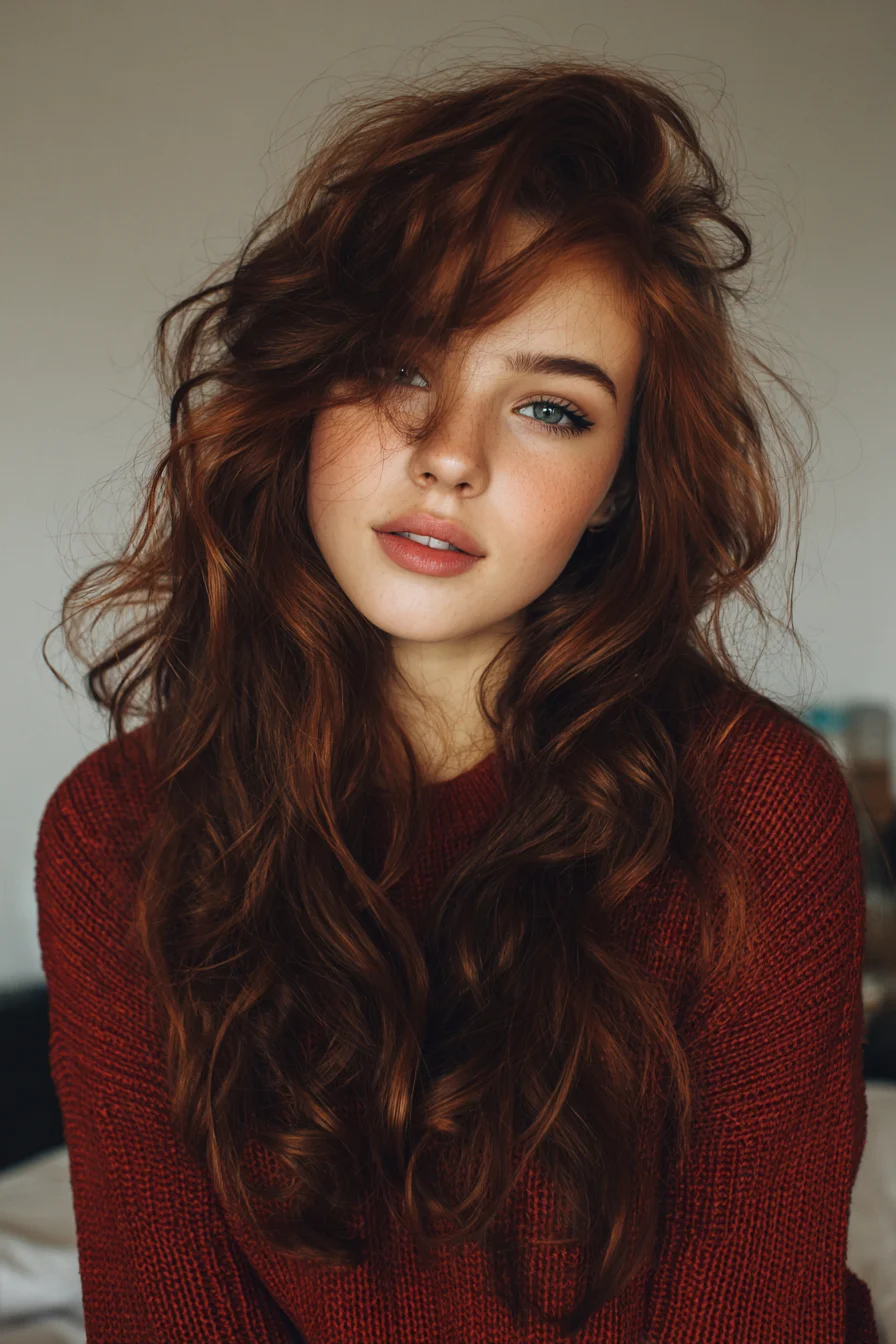 Long Layered Red Waves with Textured Side‑Swept Fringe