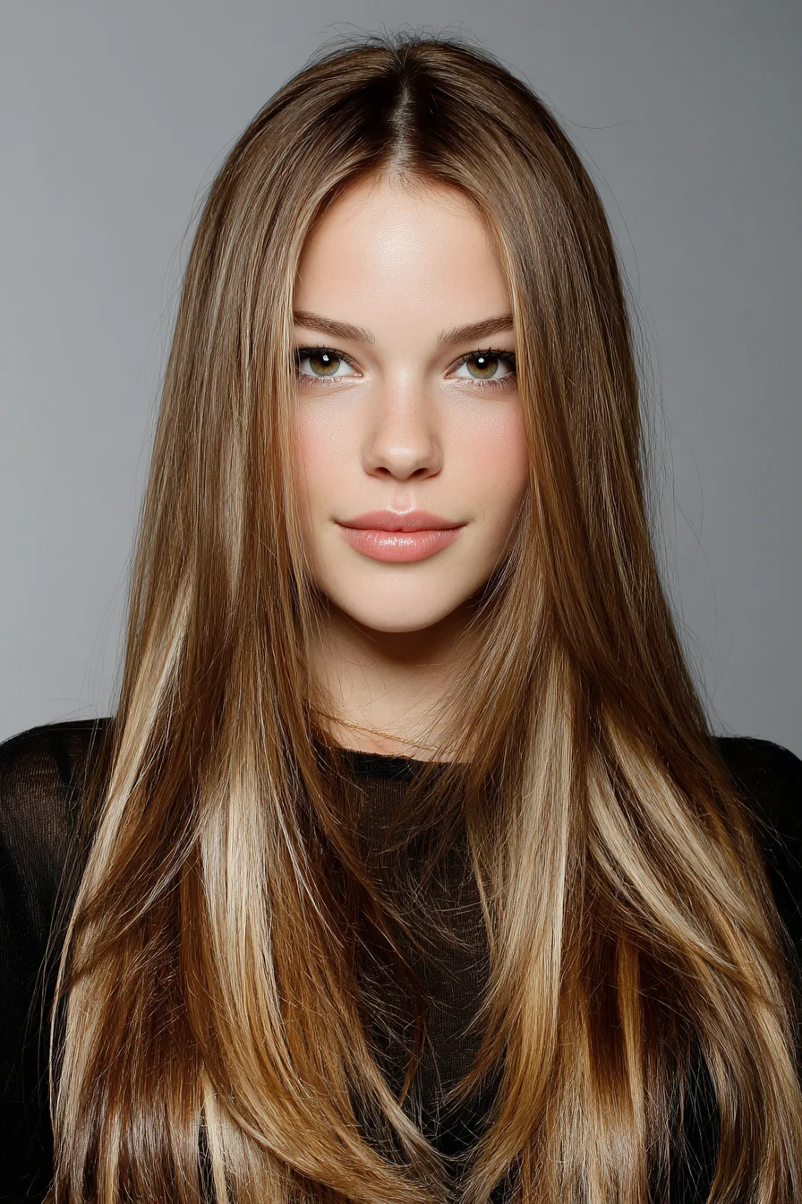 Long Sleek Layers with Center Part and Soft Face‑Framing Highlights