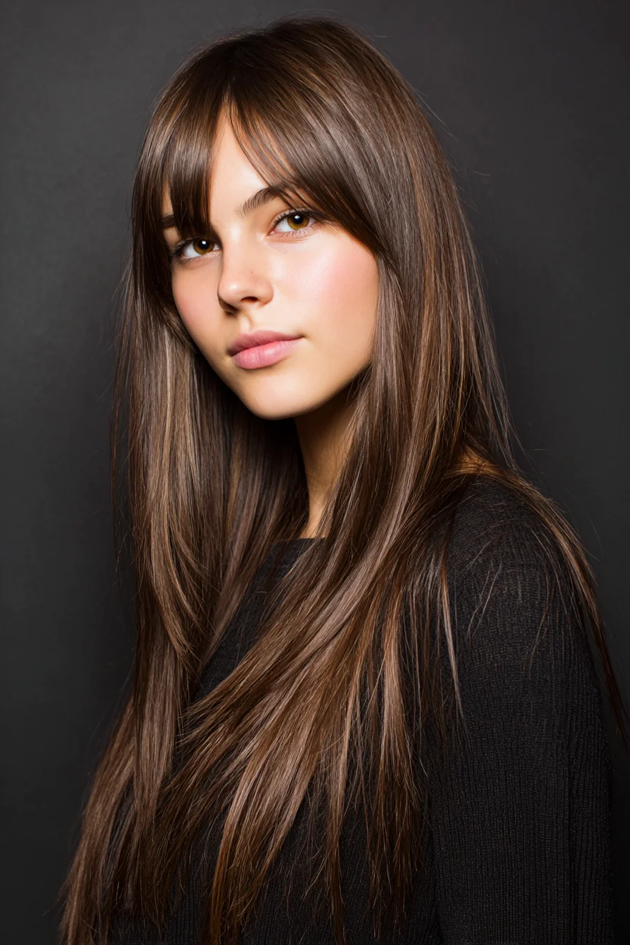 Long Sleek Layers with Curtain Bangs — Smooth Straight Brown Hairstyle