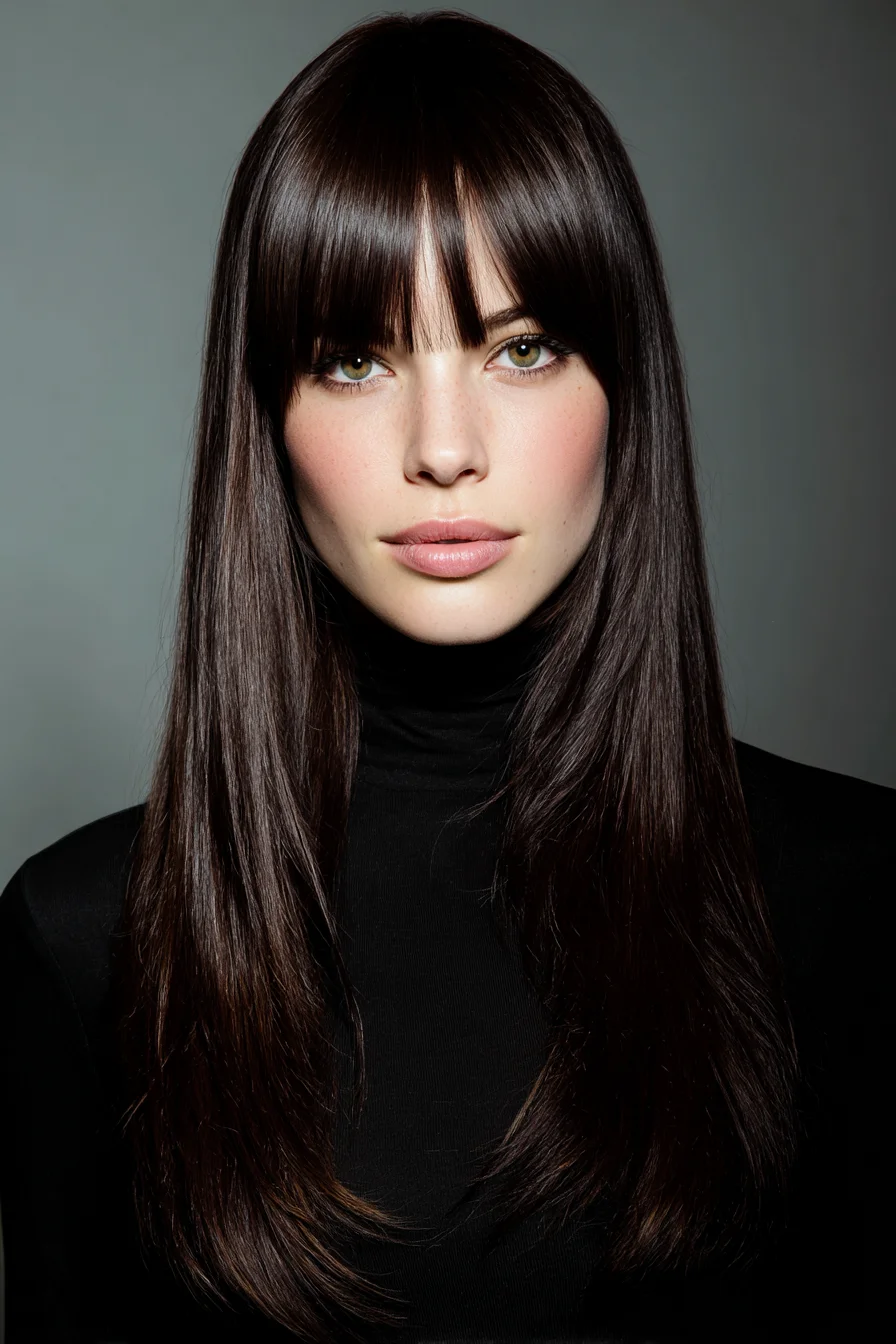 Long Sleek Straight Hair with Blunt Fringe (Bangs)