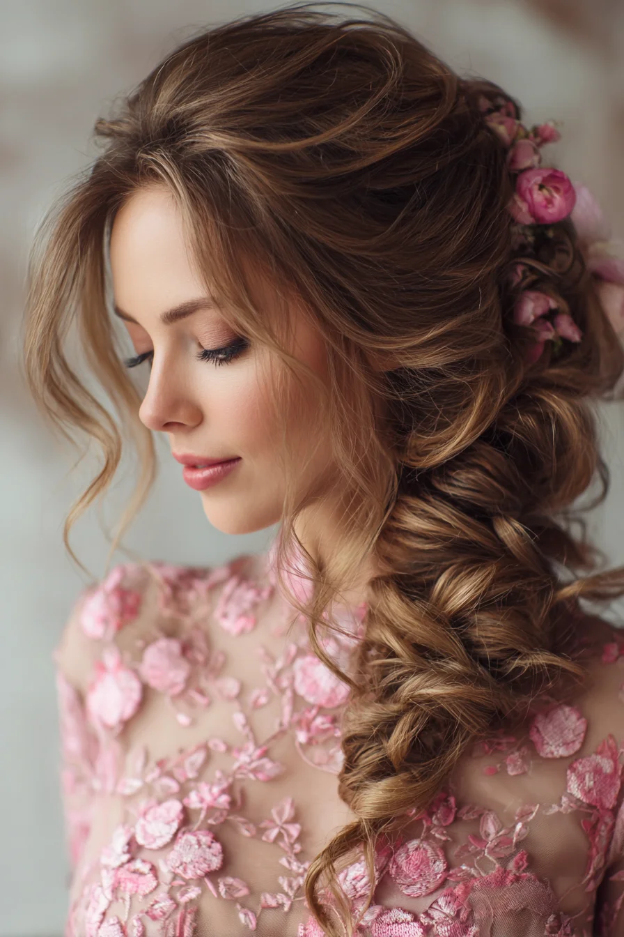 Loose Textured Side Braid with Soft Waves and Floral Accents