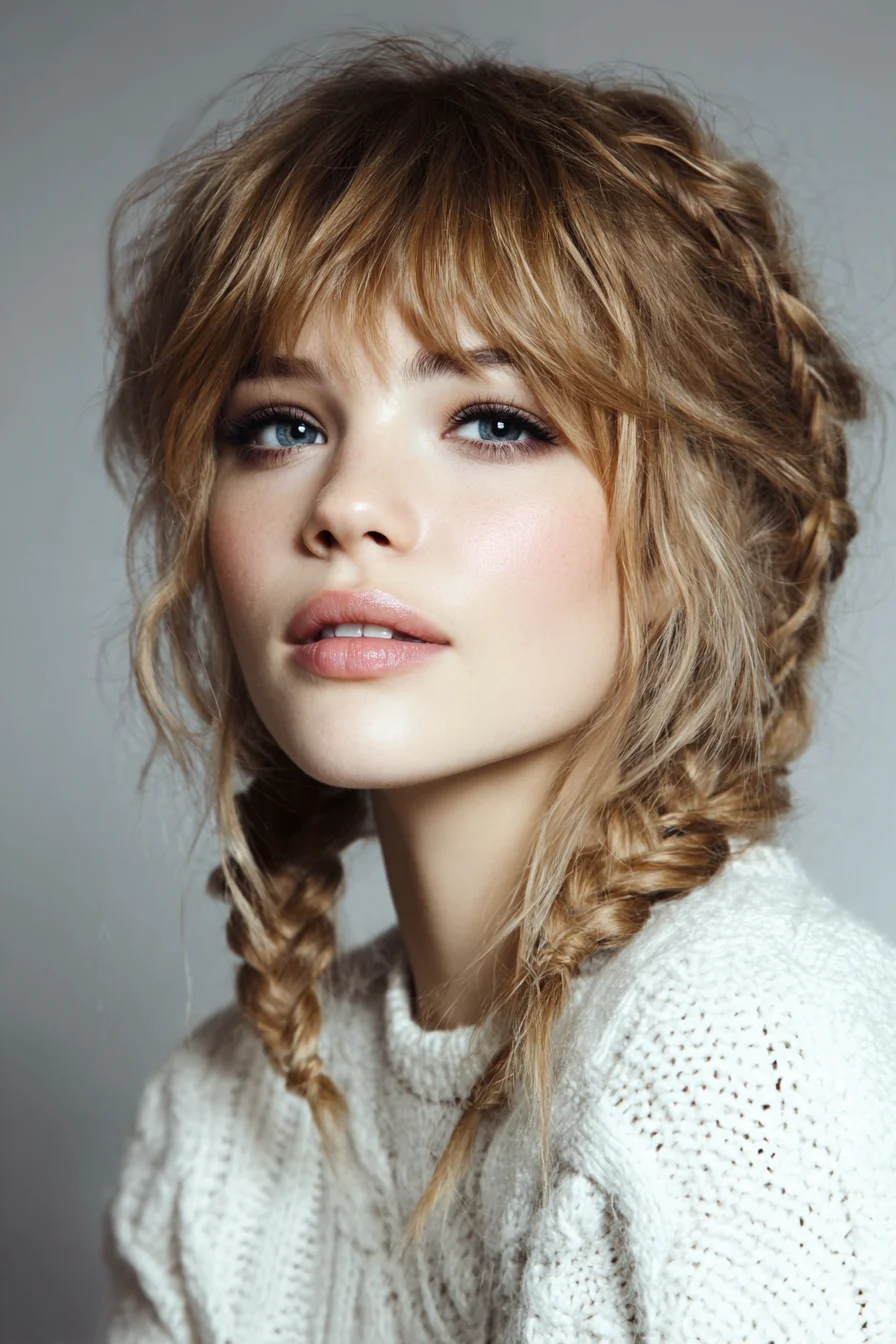 Messy Boho Double Braids with Textured Fringe — Wavy to Fine Hair
