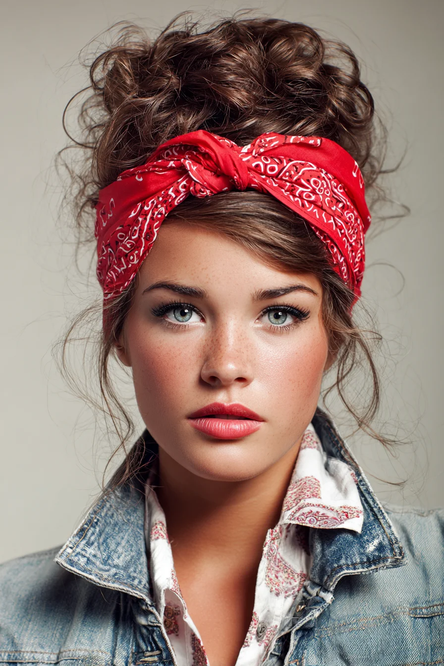 Messy Curly Topknot with Red Bandana — Voluminous Updo for Curly/Wavy Hair