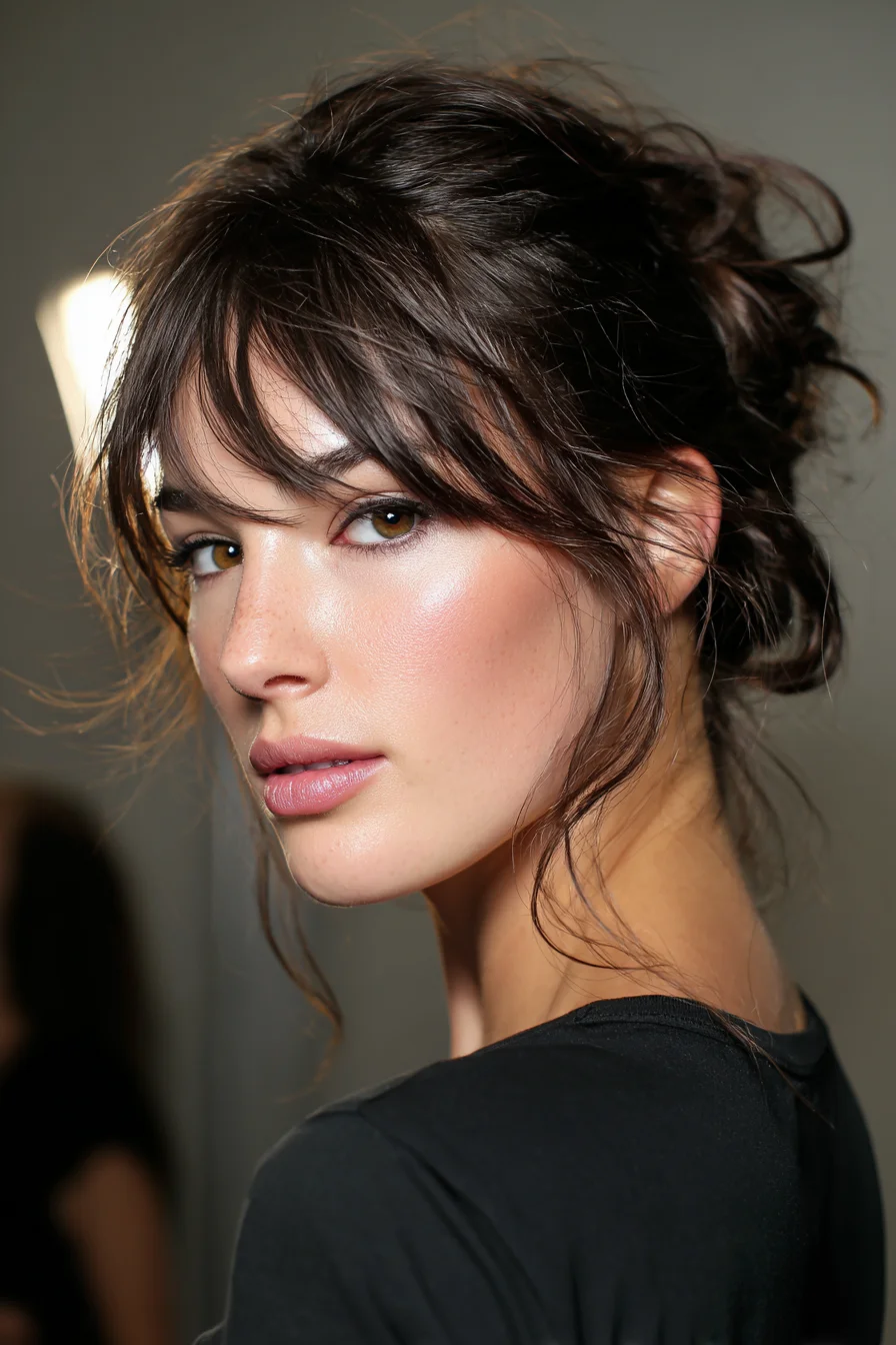 Messy Low Bun with Wispy Curtain Bangs — Textured Updo for Medium to Long Hair
