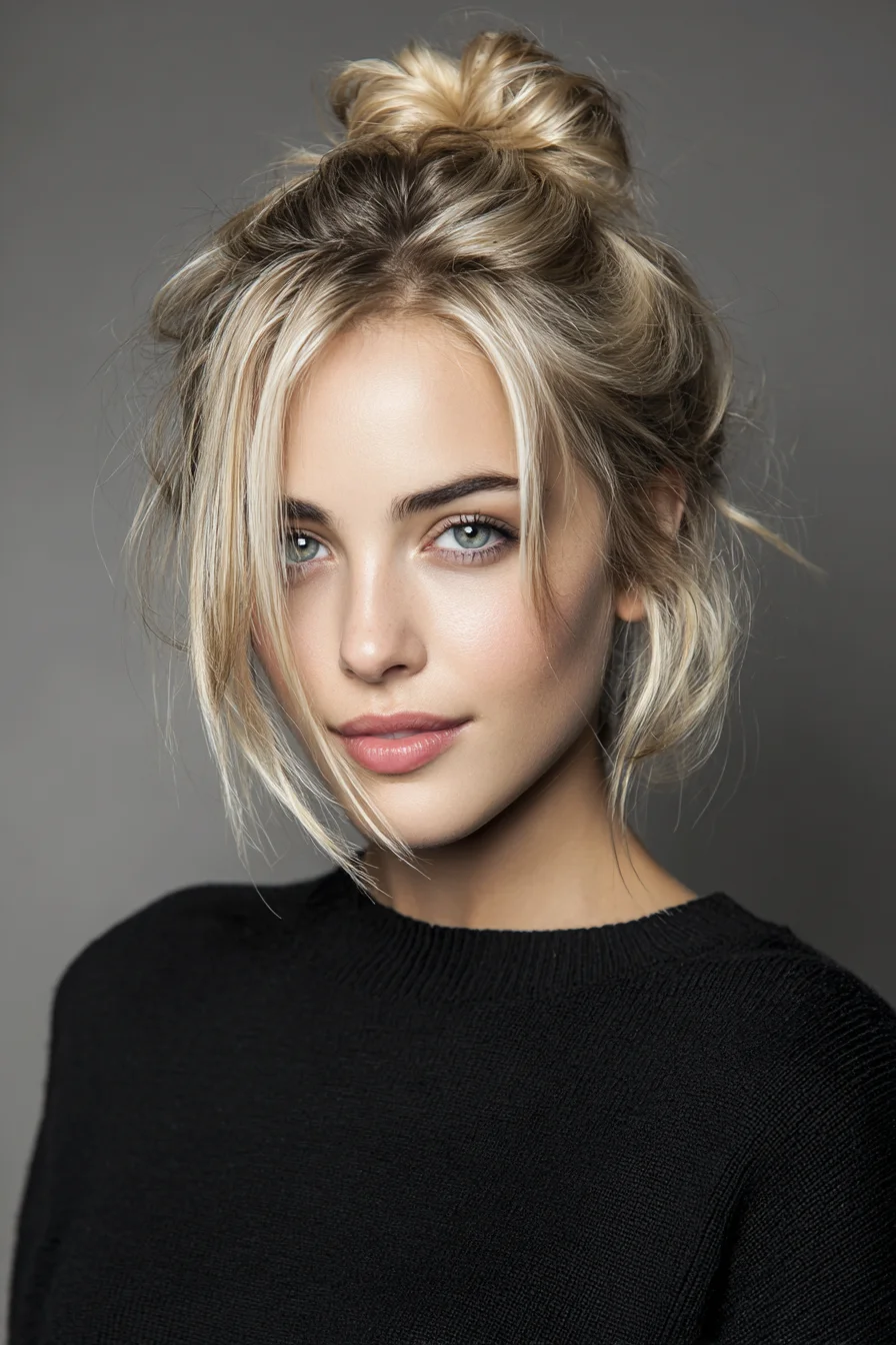 Messy Textured Top Knot with Face‑Framing Layers