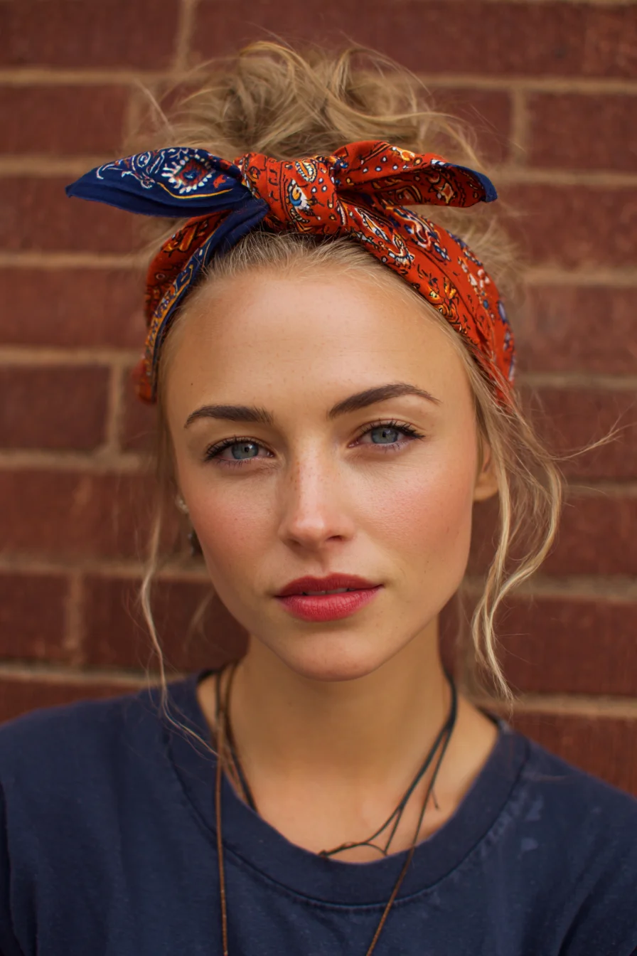 Messy Top Knot with Knotted Bandana and Face‑Framing Tendrils