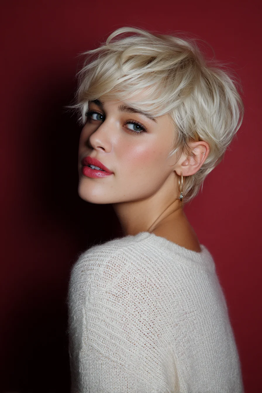 Platinum Blonde Textured Pixie with Side‑Swept Fringe