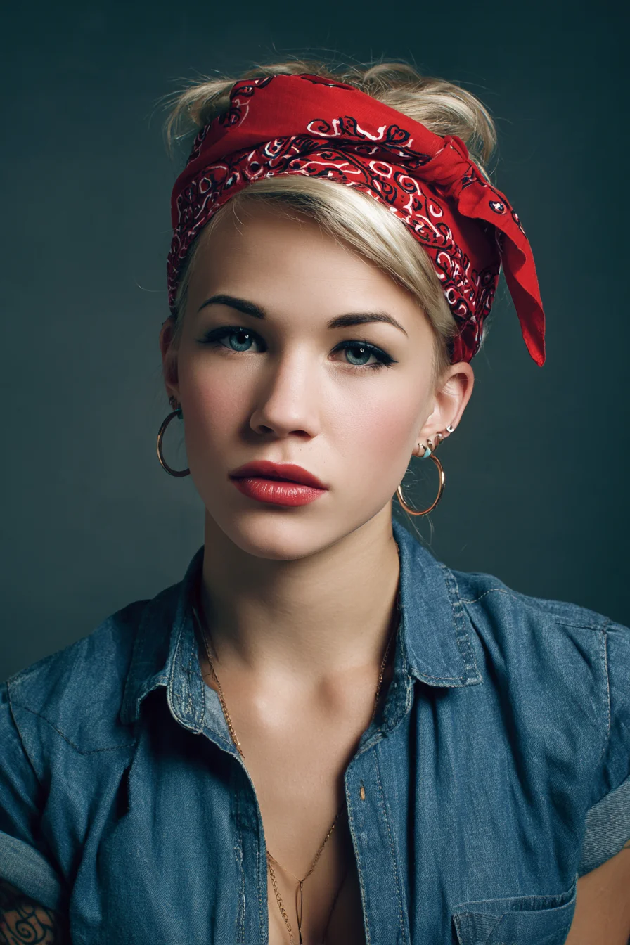 Retro Bandana Headwrap with Tousled Top Knot — Messy Bun Updo for Medium Hair