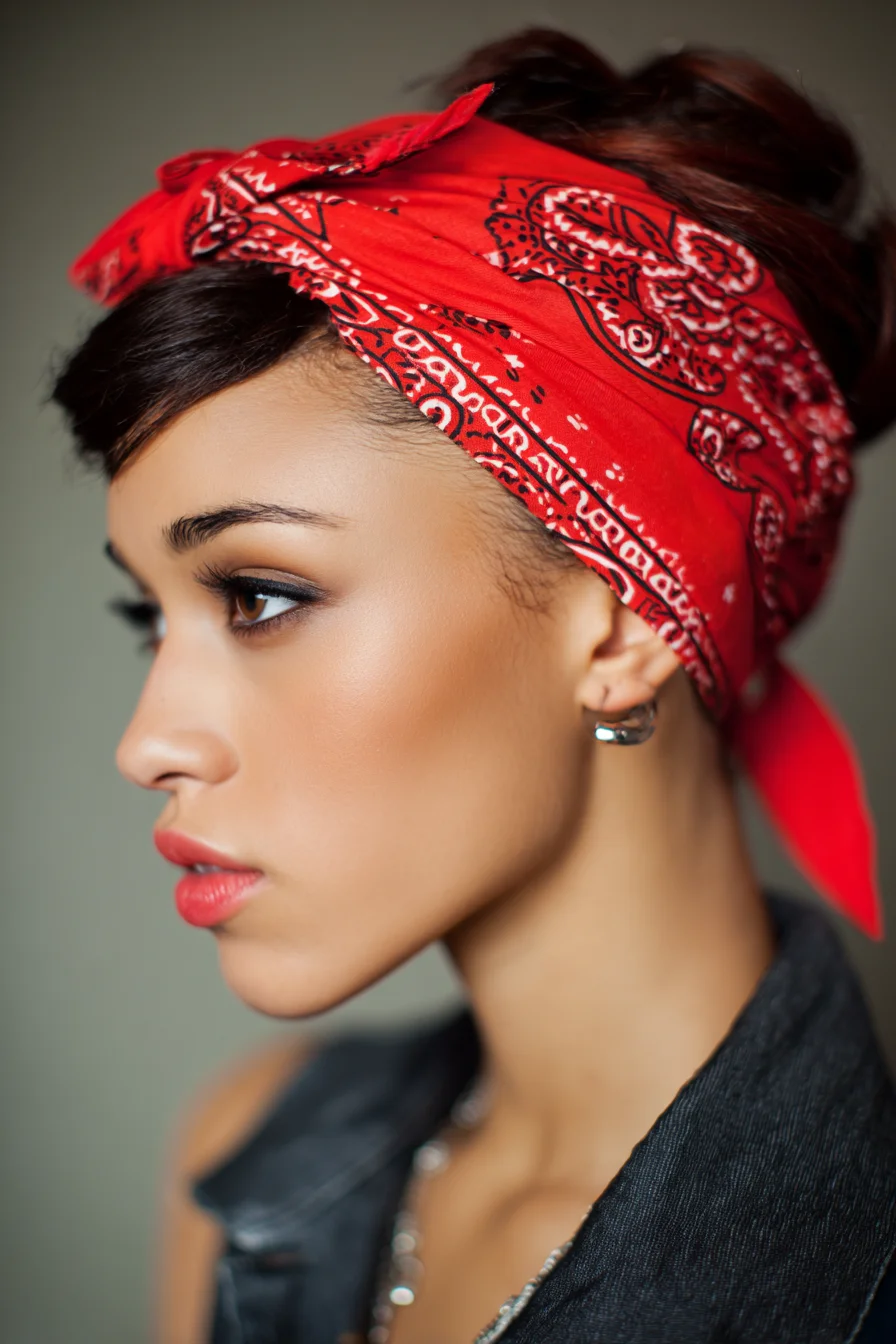 Retro Bandana Updo with Soft Side-Swept Bangs
