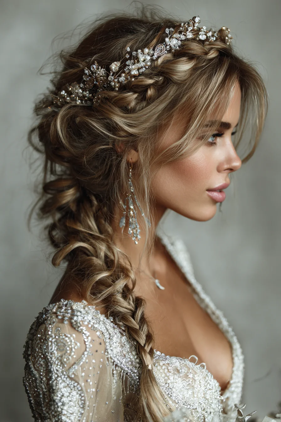 Romantic Boho Side Fishtail Braid with Loose Waves & Bridal Hairpiece
