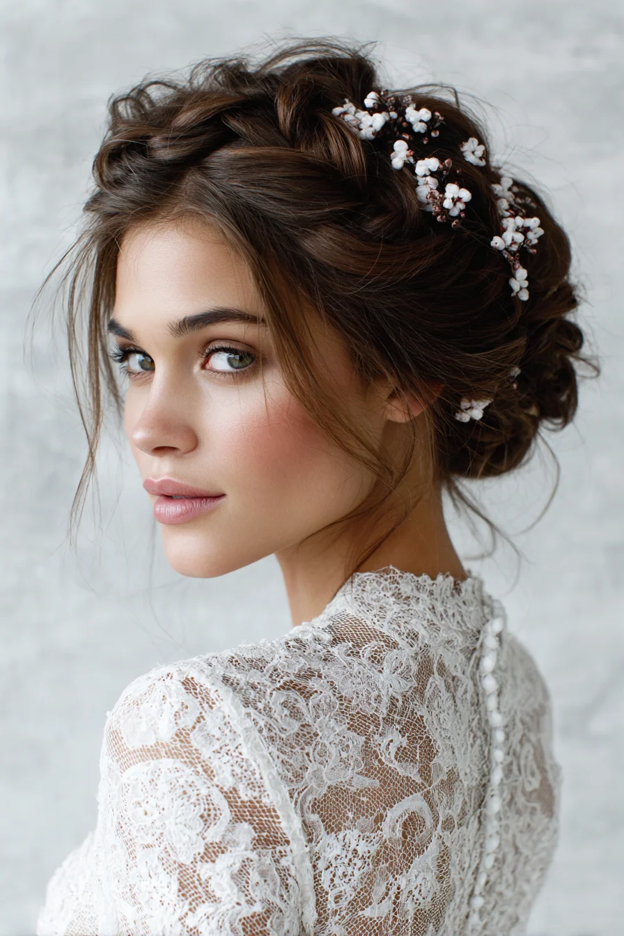 Romantic Braided Low Updo with Textured Tendrils and Floral Pins