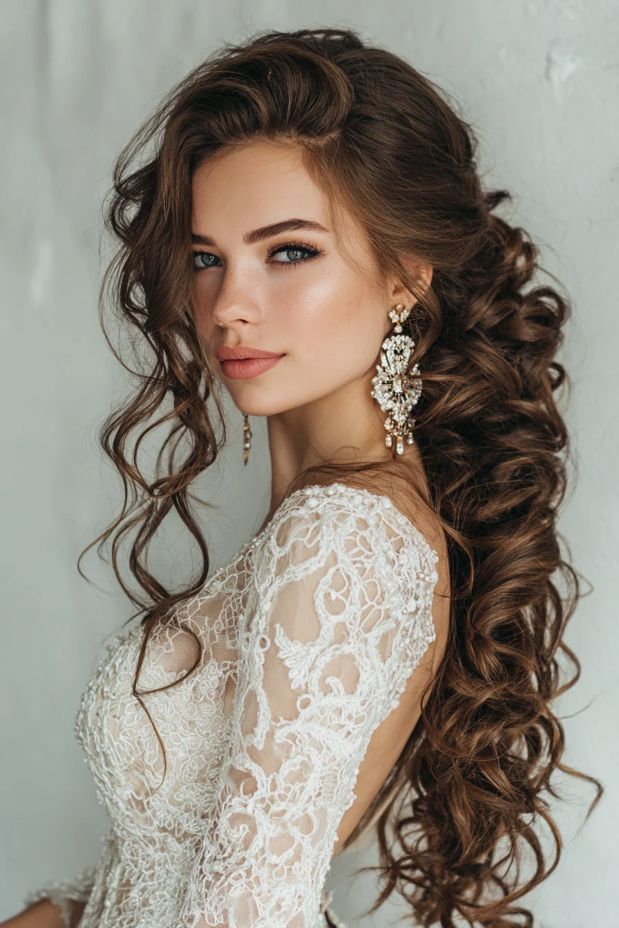 Romantic Cascading Curls — Textured Side‑Swept Half‑Up Bridal Style