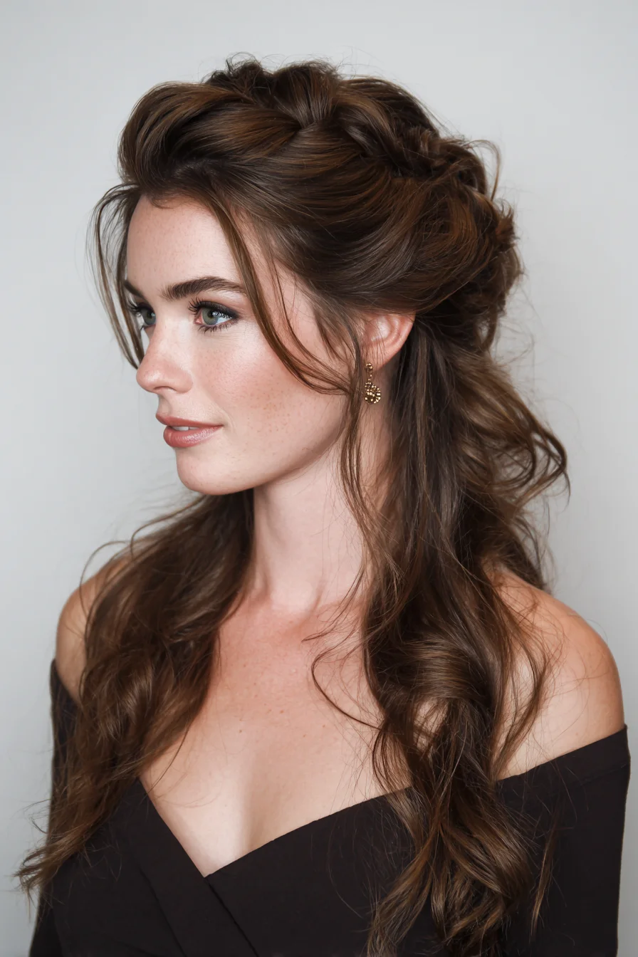 Romantic Half‑Up Braided Crown with Loose Curls for Medium to Long Hair