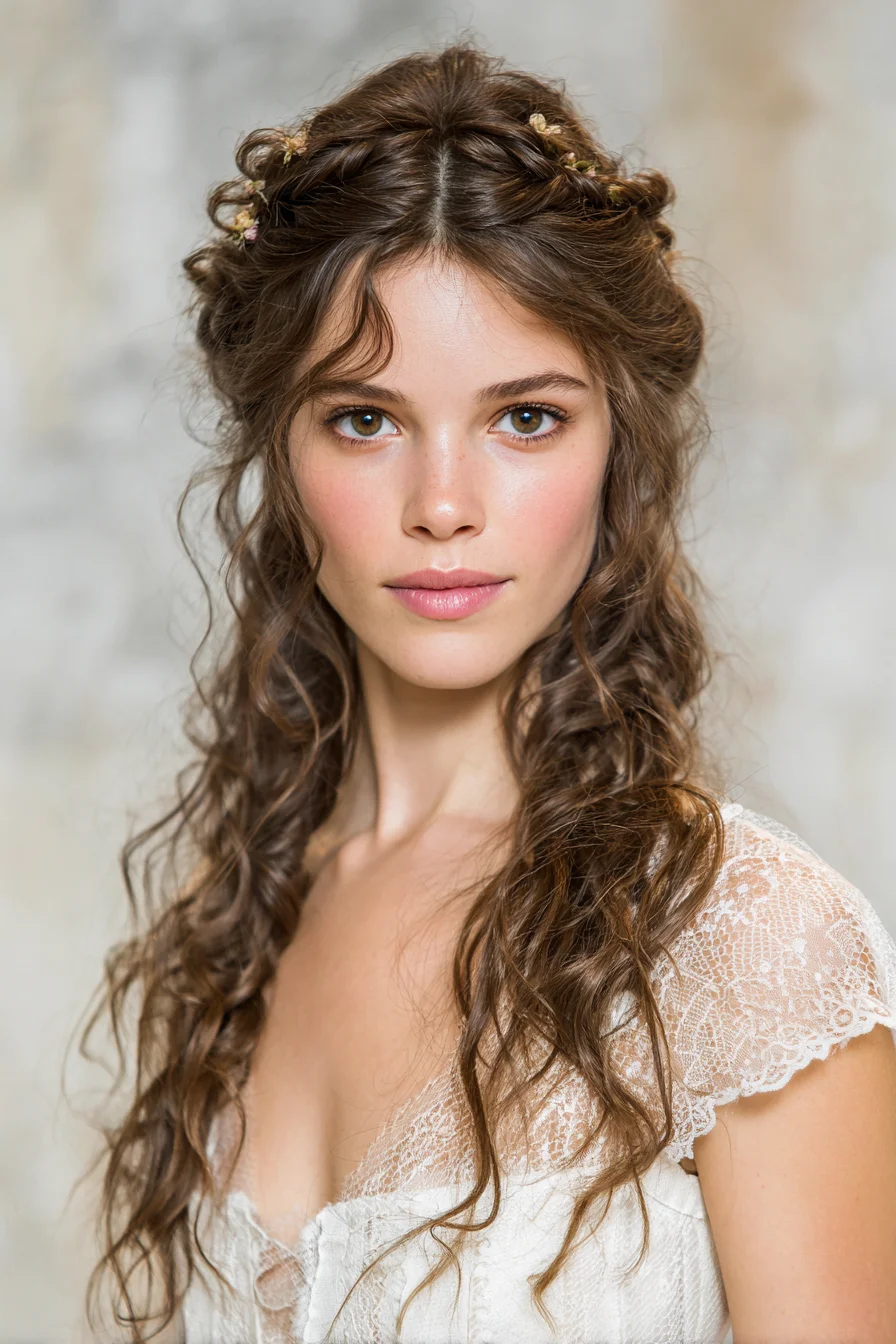Romantic Half-Up Braided Crown with Loose Natural Curls
