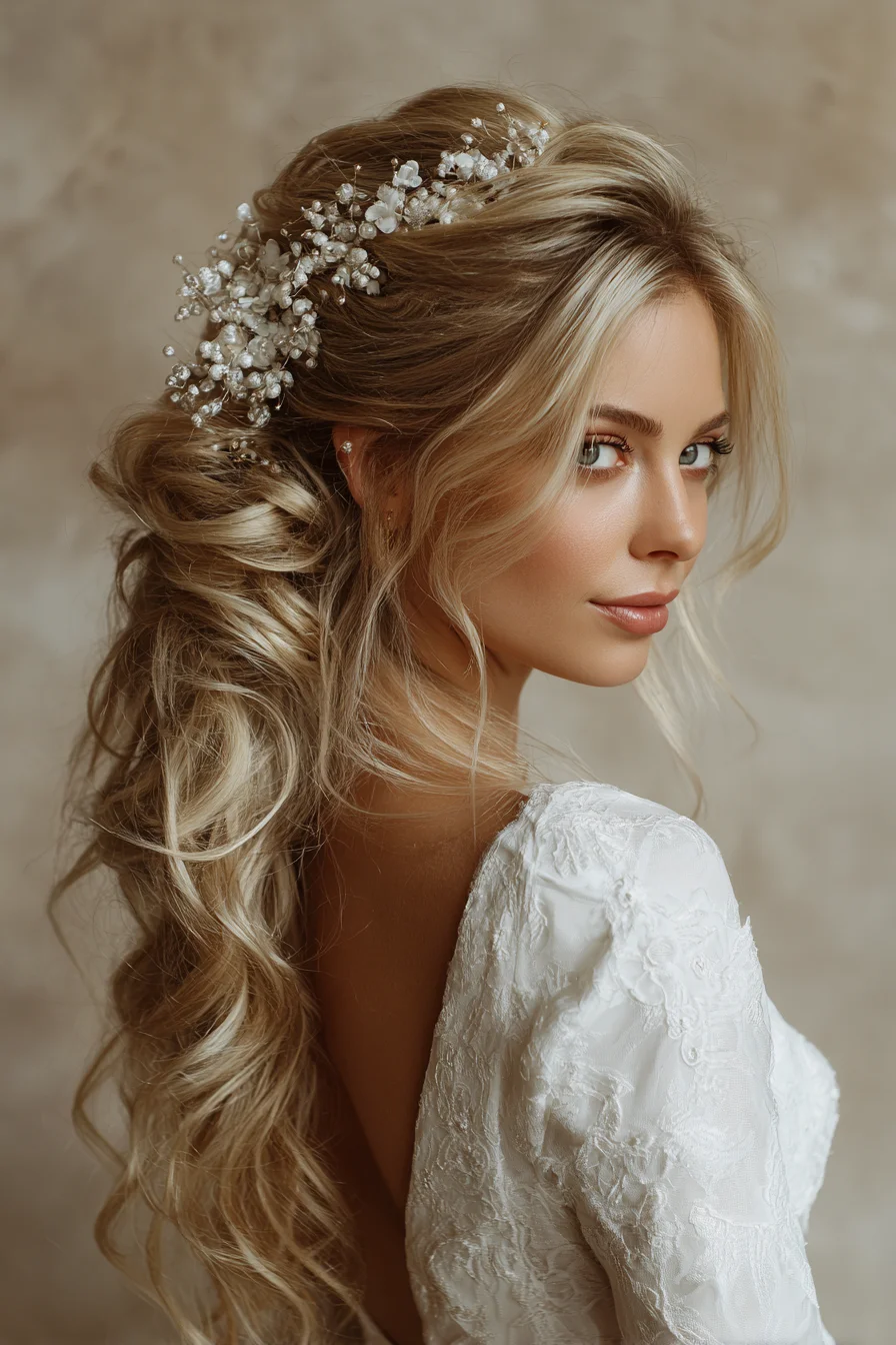 Romantic Half-Up Curly Bridal Hairstyle with Floral Hairpiece