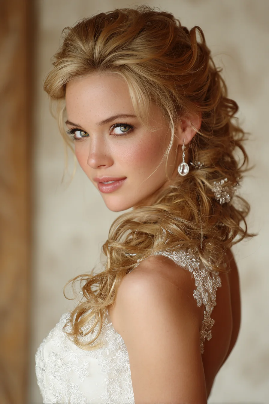 Romantic Half-Up Half-Down Curly Bridal Updo with Voluminous Crown
