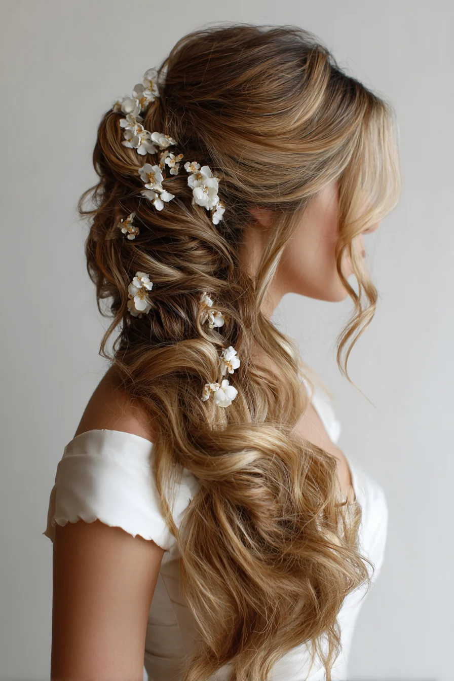 Romantic Half-Up Twisted Braid with Cascading Waves and Floral Pins