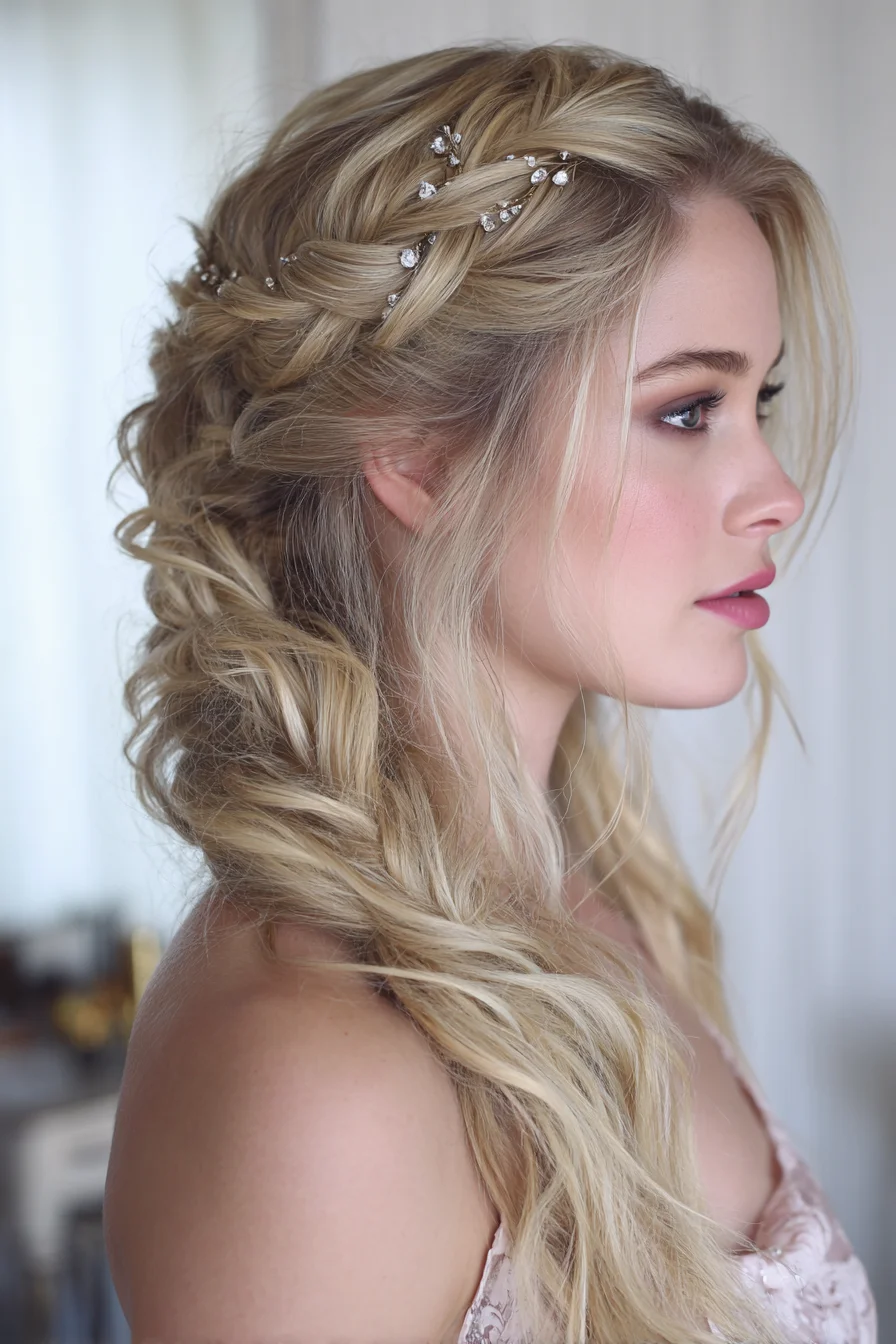 Romantic Loose Braided Half-Up with Soft Waves and Decorative Hair Vine