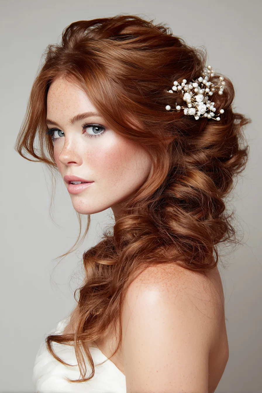 Romantic Side-Swept Textured Updo with Pearl Accent — Loose Curls & Volume