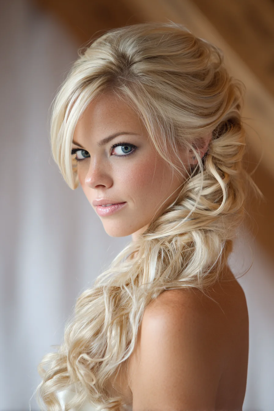 Romantic Side‑Swept Textured Waves with Loose Braid Detail