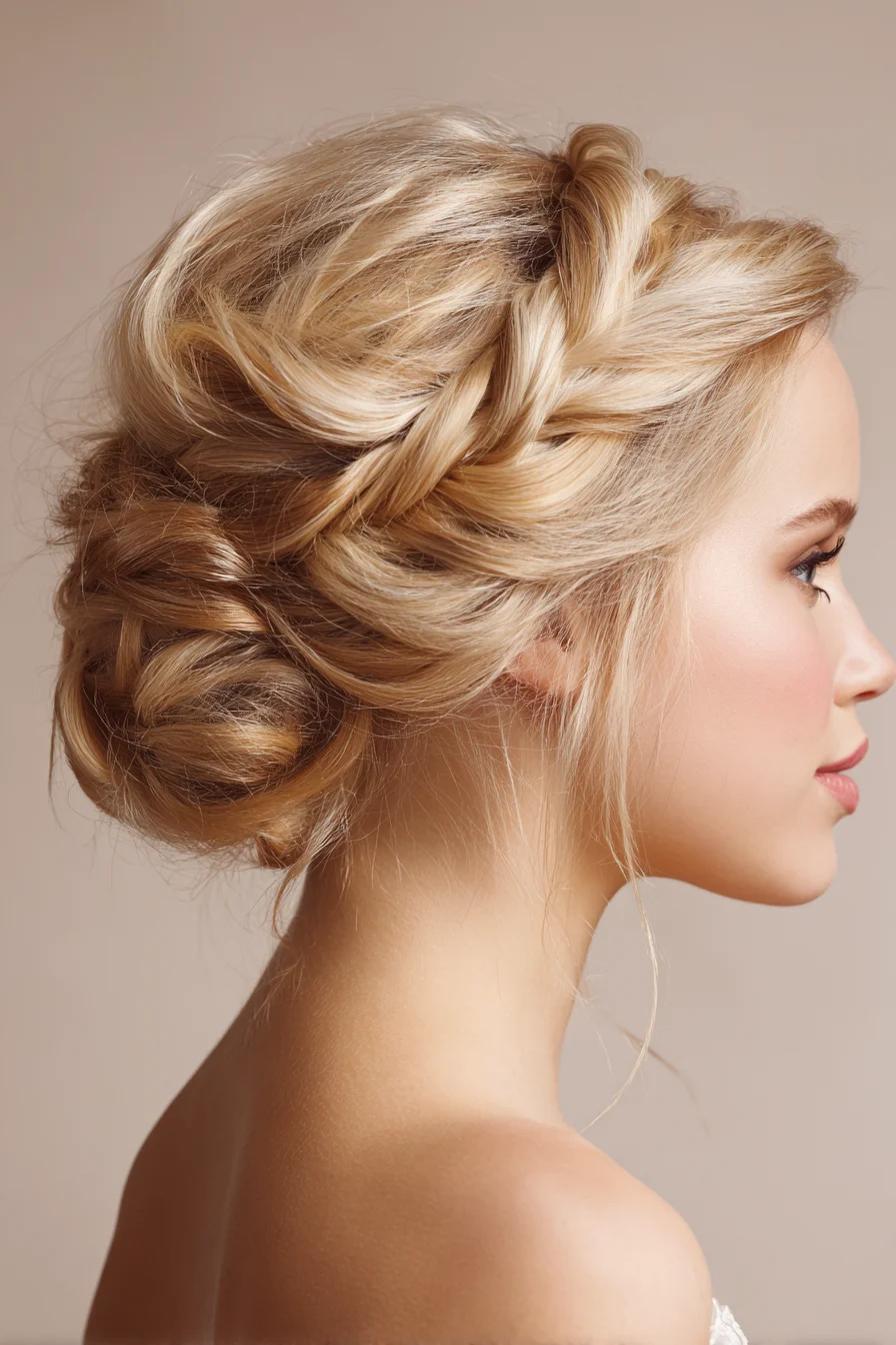 Romantic Textured Braided Crown into Low Twisted Bun