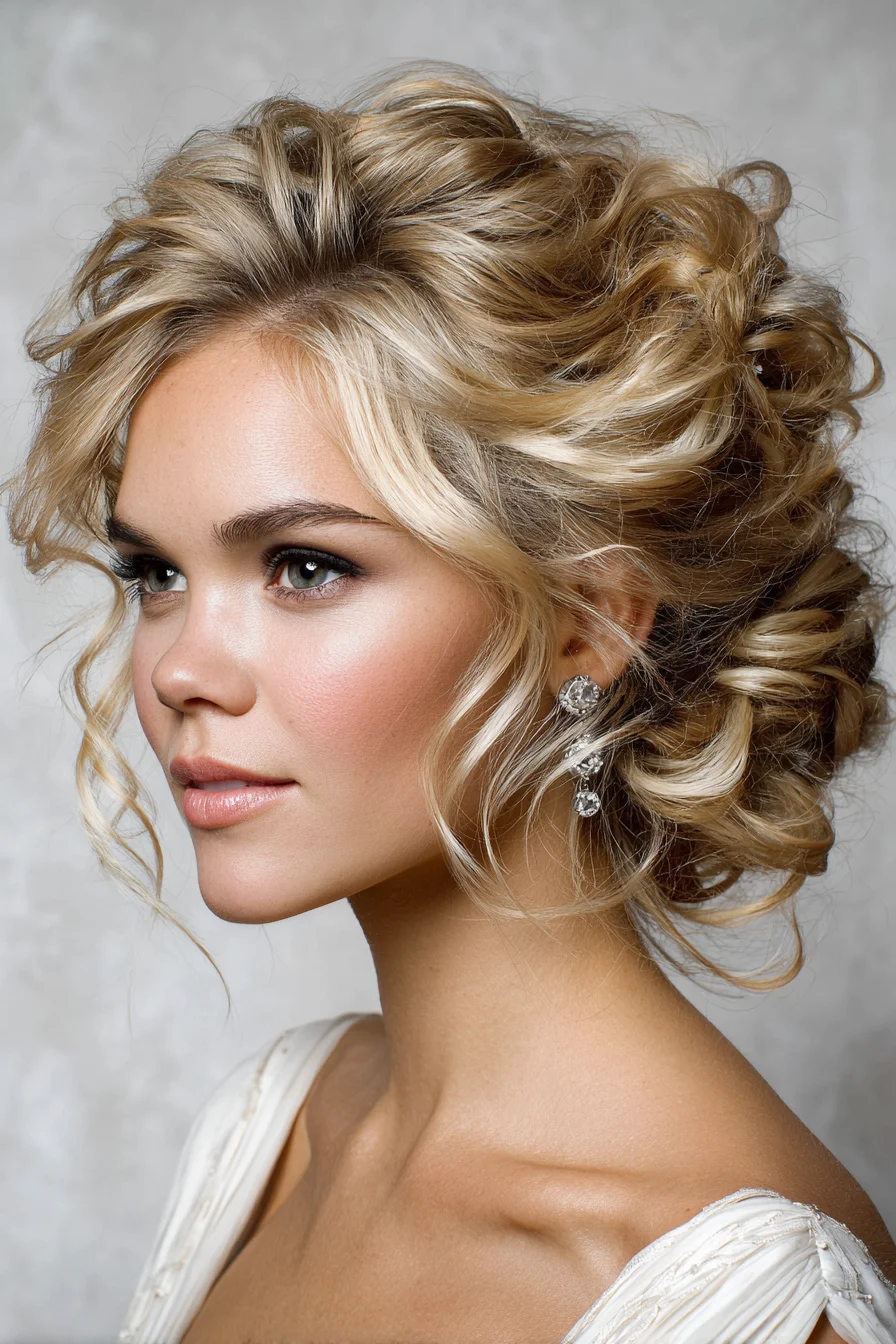Romantic Textured Curly Updo with Face‑Framing Tendrils