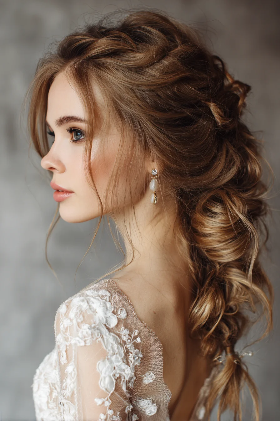 Romantic Textured Low Braided Pony with Face‑Framing Tendrils